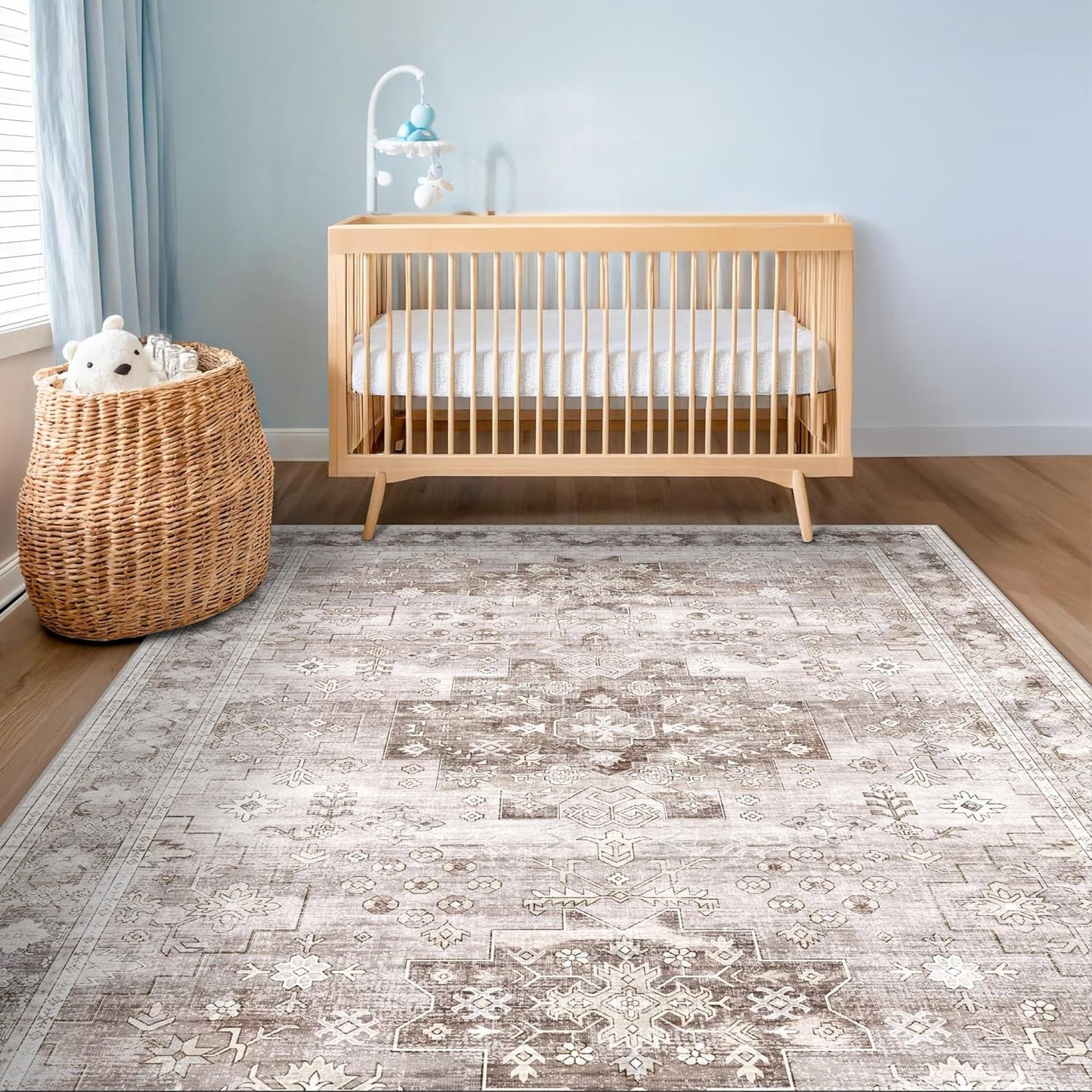 Washable Neutral Farmhouse Bedroom Rug, 5x7 Area Rugs for Living Room, Nursery Room, Boho Vintage Floral Non-Slip Rug Low Pile Stain Resistant (5x7 Beige/Latte)