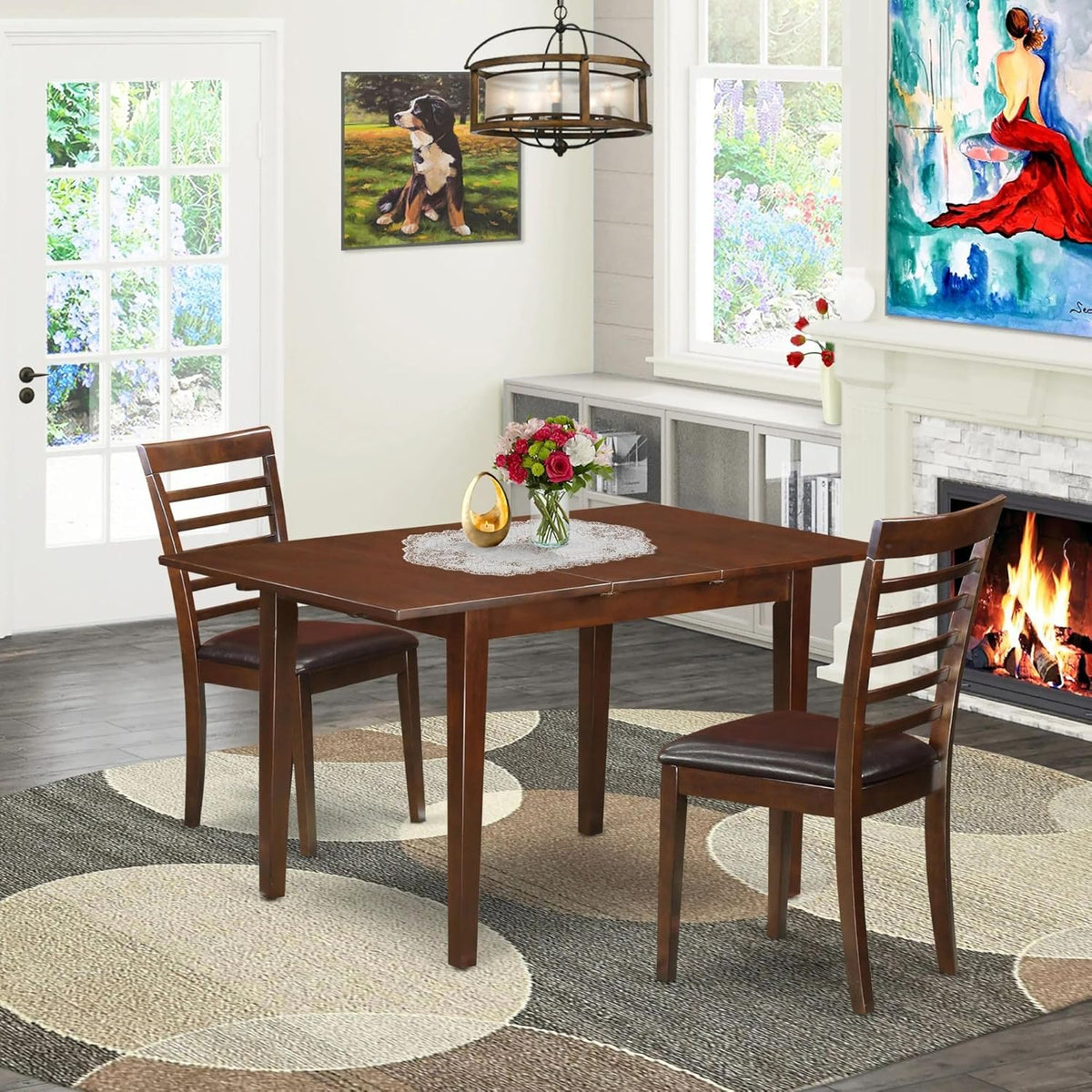 East West Furniture NOML3-MAH-LC 3 Piece Dining Table Set Contains a Rectangle Dining Room Table with Butterfly Leaf and 2 Faux Leather Upholstered Chairs, 32x54 Inch, Mahogany