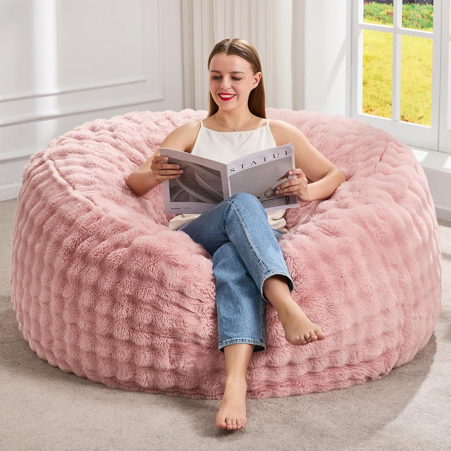 Hobestluk Bean Bag Chairs 4ft Beanbag Chair with Filler Adult Bean Bags with Fluffy & Machine Washable Cover, Giant Bean Bag Chairs for Adults (Pink, 4FT-44" x 44" x 24")