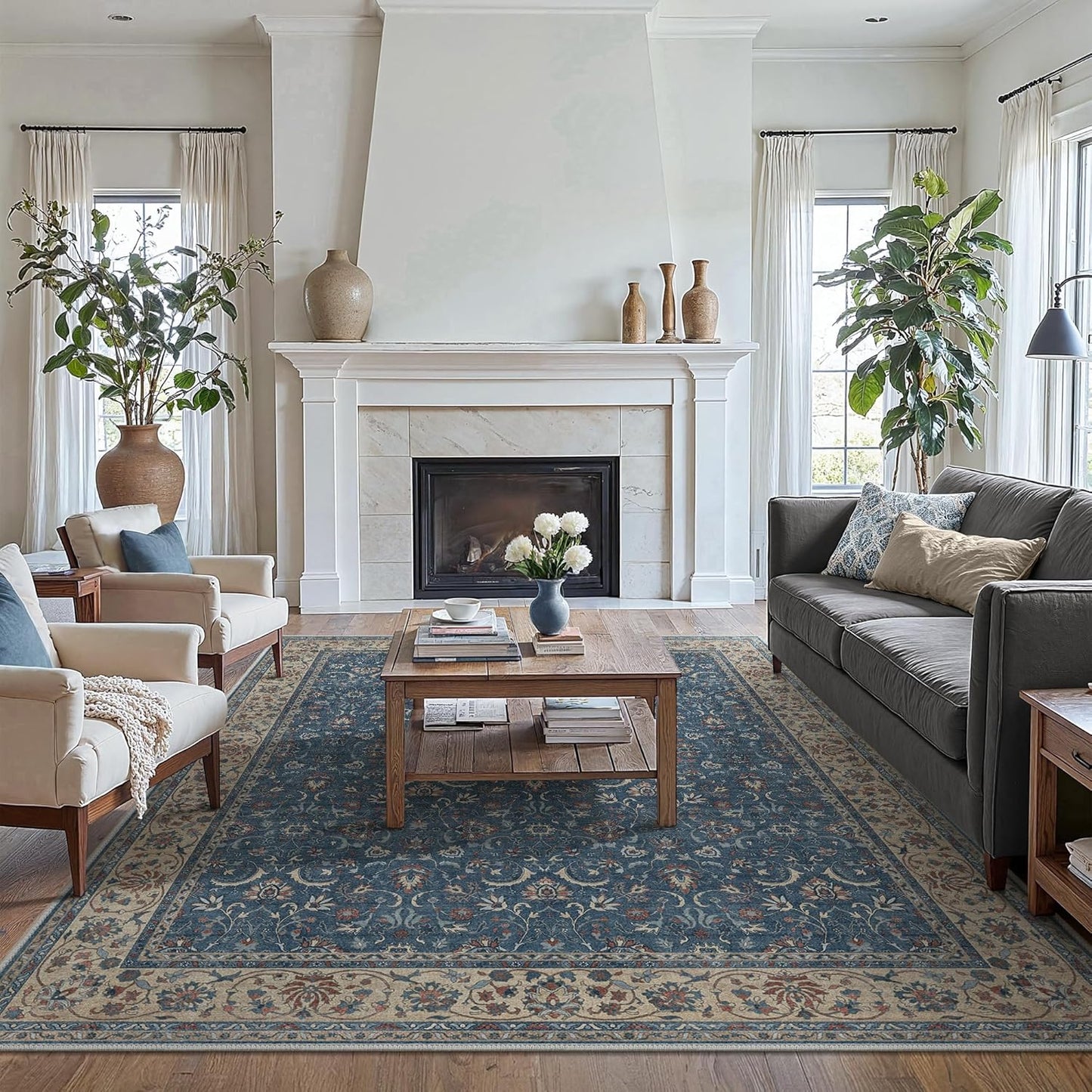 8X10 Area Rugs Machine Washable Rugs for Living Room, Vintage Boho Large Rugs for Bedroom Dining Room, Non Slip Indoor Soft Distressed Lightweight Thin Low Pile Carpet, Indigo