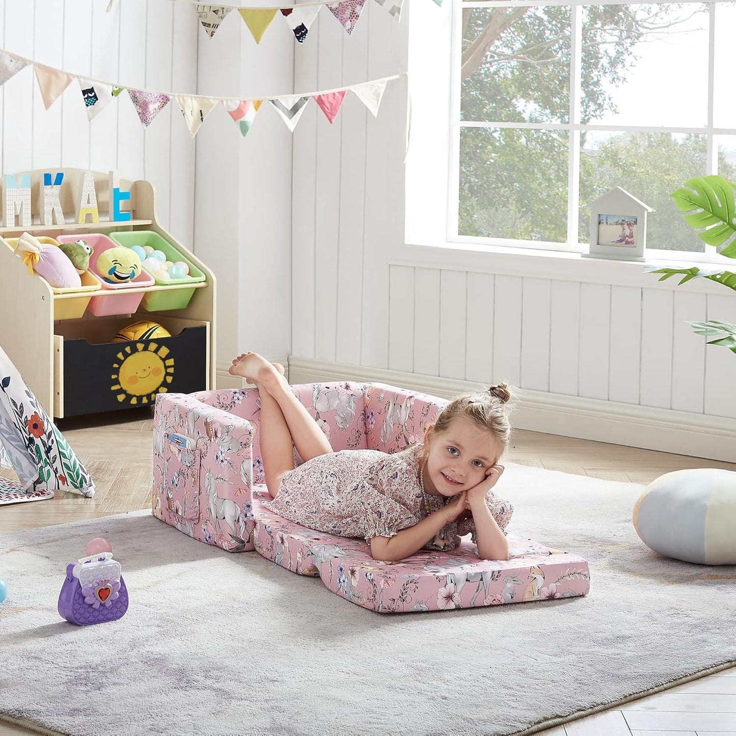 Ulax furniture Kids Convertible Sofas Children Flip-Out Sofa - 2-in-1 to Lounge Chair (Pink Unicorn)