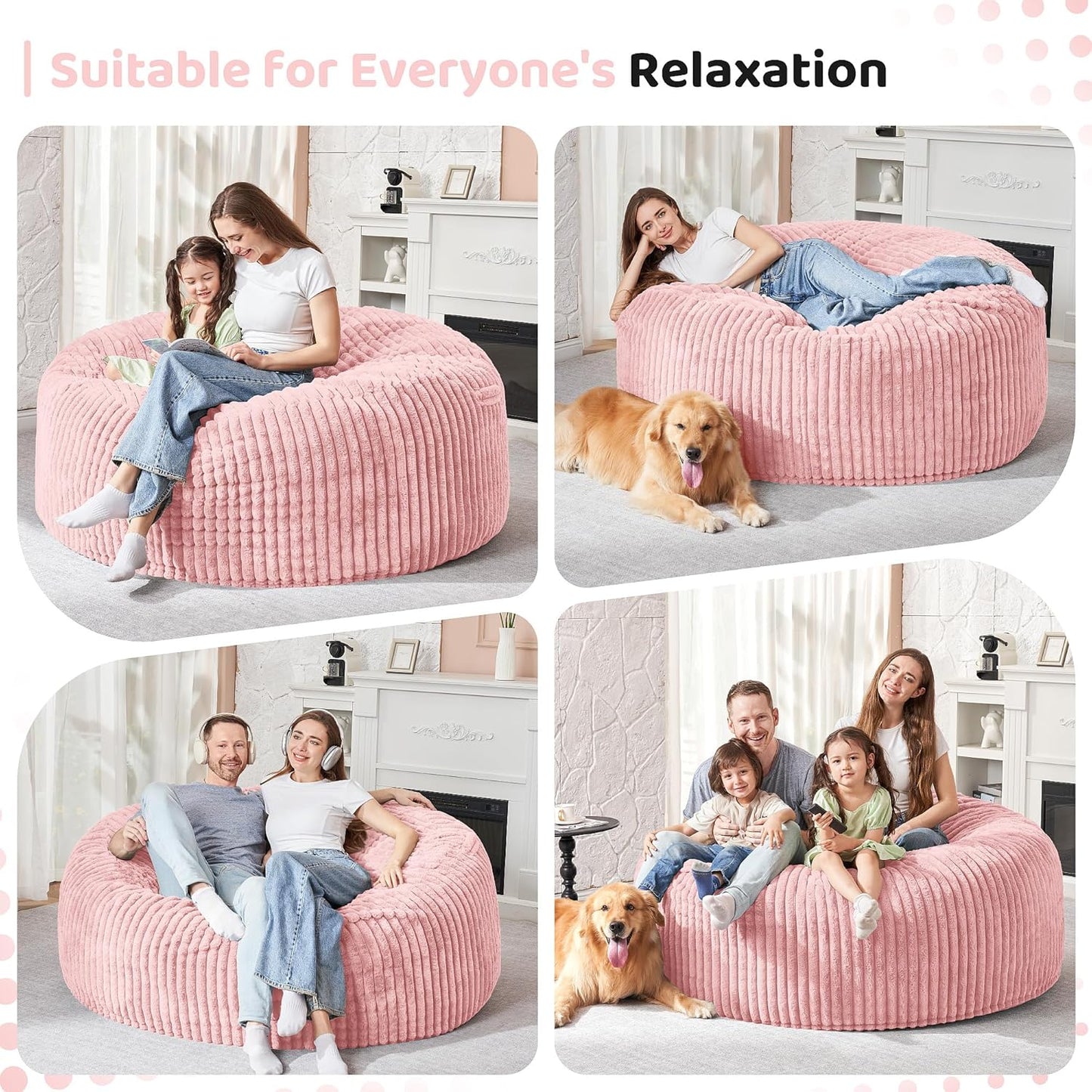 HABUTWAY 5FT Bean Bag Chair, 5' Large Bean Bag Chairs for Adults with Removable Stripe Plush Cover, Memory Foam Beanbag Chair for Living Room Bedroom Dorm (Tender Pink)