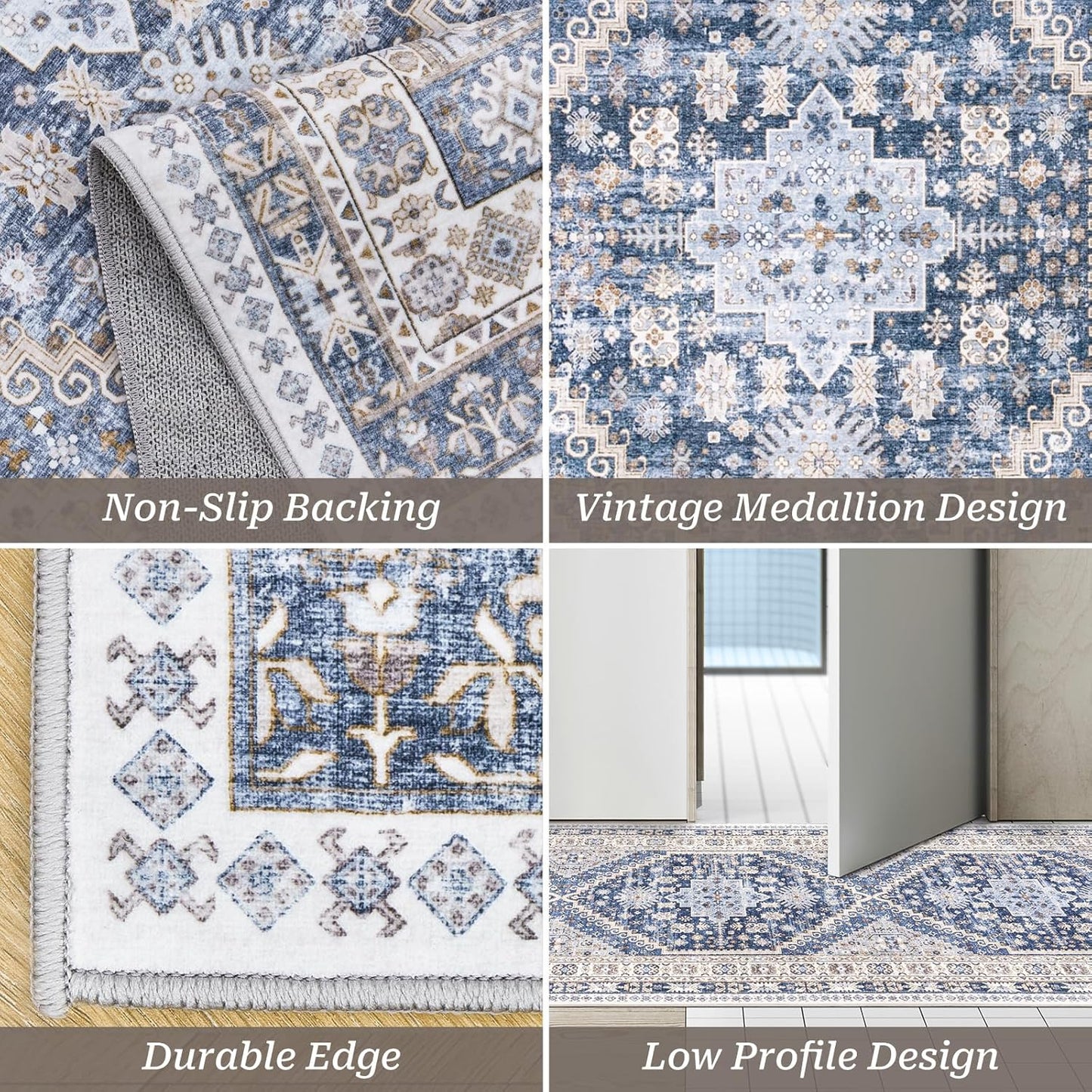 zesthome Washable Runner Rug 2.5x10 - Stain Resistant Entryway Rug,Ultra-Thin Kitchen Rugs, Anti Slip Backing Runner Rugs for Entrance Laundry Room Indoor Hallway (Blue/Beige,2.5'x10')