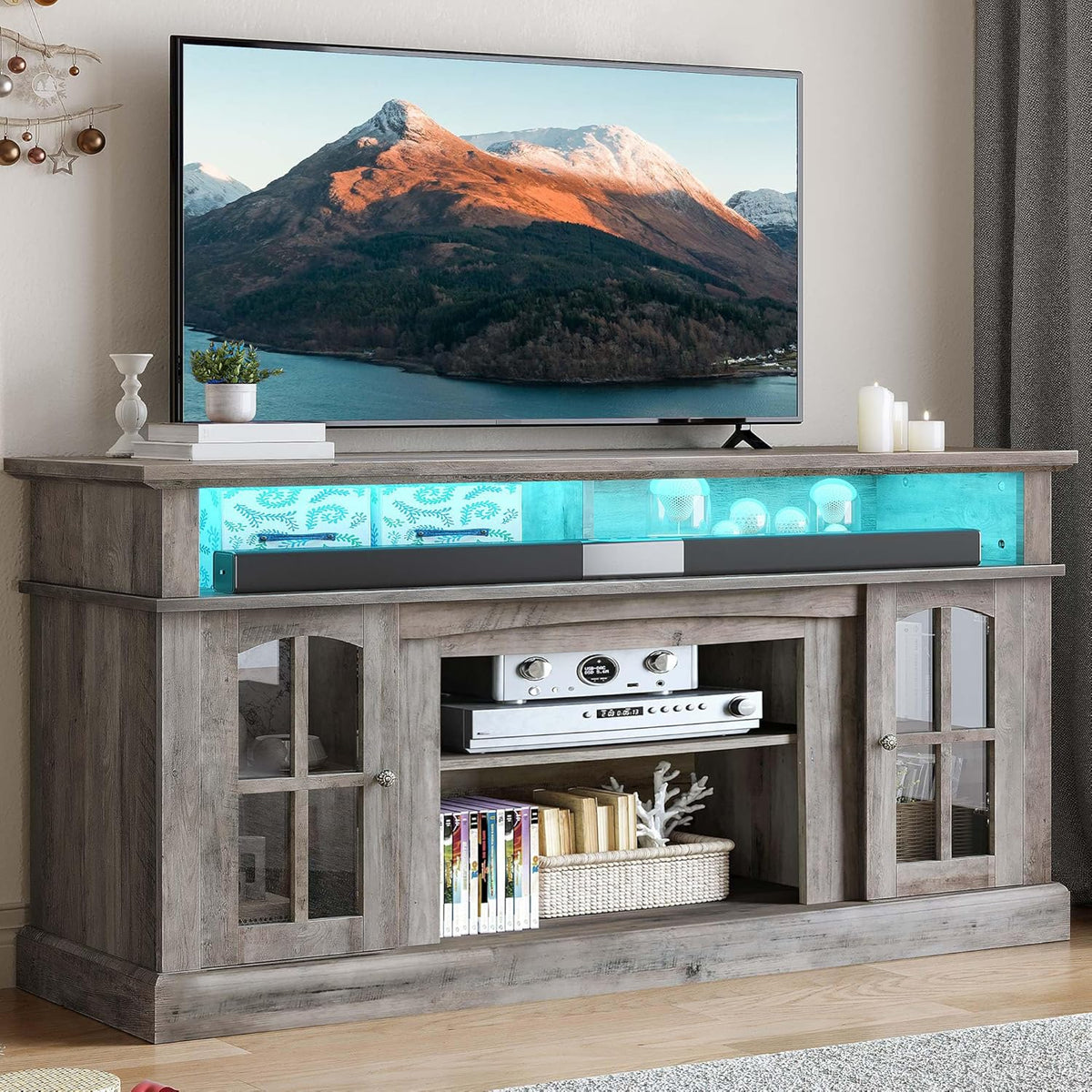 YITAHOME LED Farmhouse TV Stand for 65 Inch w/Outlets, Modern Entertainment Center with Glass Doors and Adjustable Storage Shelves, Media Console TV Cabinet for for Living Room, Grey