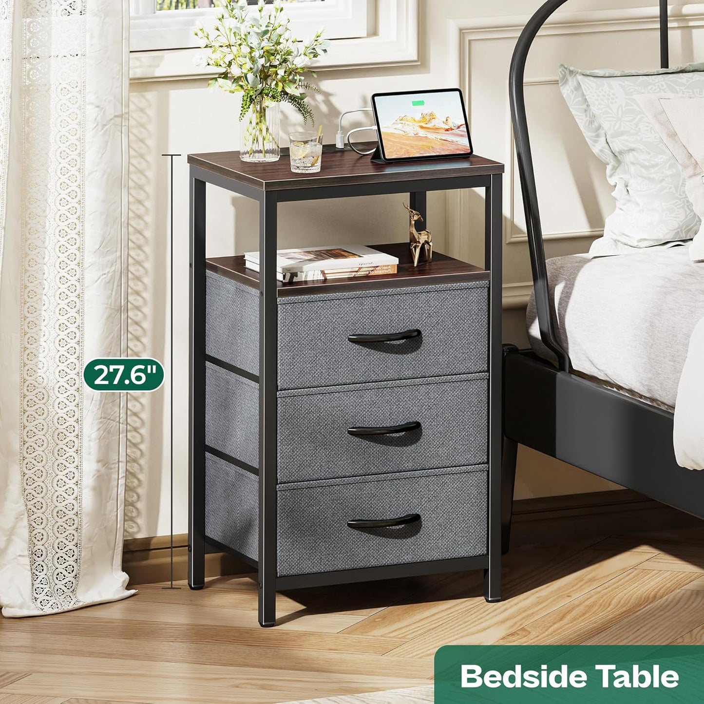 Huuger Nightstands Set of 2, 27.6 Inch End Tables with Charging Station, Fabric Drawers, Bedside Tables with USB Port and Outlet, Night Stands for Bedroom, Walnut