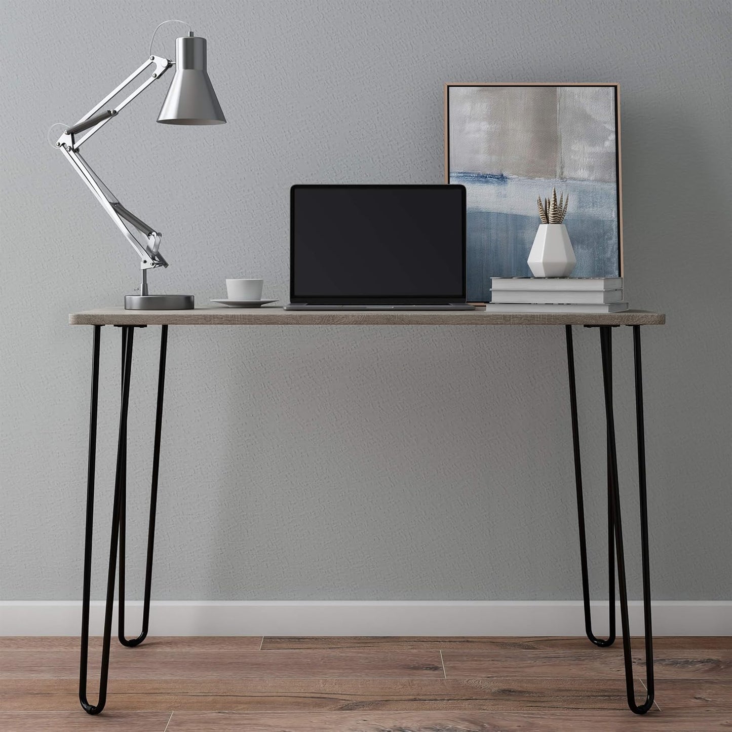 Desk with Hairpin Legs - Modern Industrial Style Home Decor - Woodgrain-Look and Steel Accent Home Office Furniture by Lavish Home (Gray)