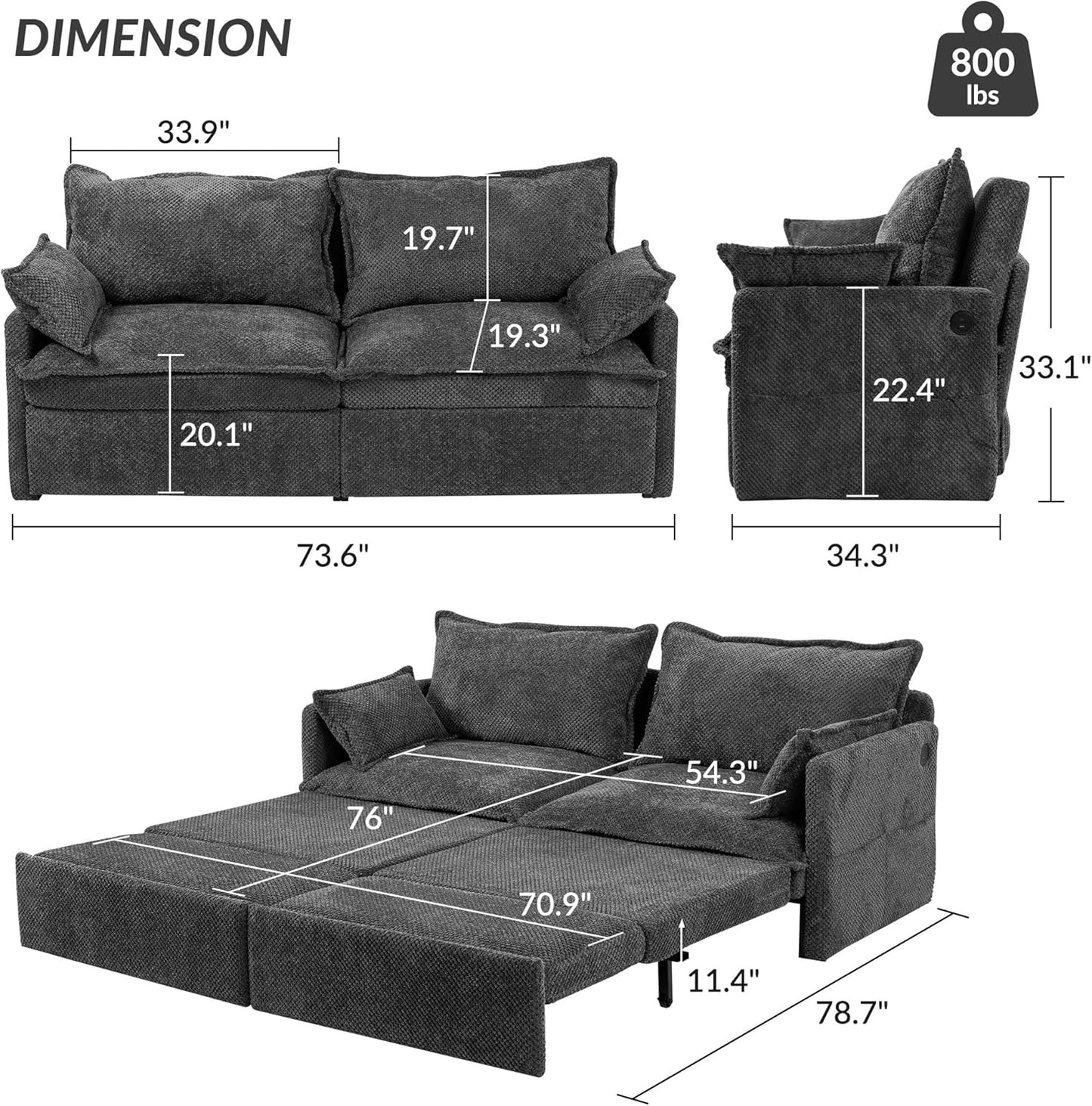 Furnimart 73.6" King Size Pull Out Sofa Bed, 3 in 1 Convertible Sleeper Bed with USB/C-Type Charging Ports & Side Pockets, Modern Futon Couch for Living Room, Apartment, Bedroom, Corduroy Dark Grey