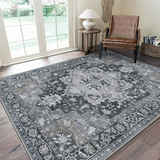 GENIMO 5x7 Area Rugs for Living Room, Machine Washable Non Slip Vintage Rugs, Low Pile Lightweight Chenille Print Rug for Bedroom, Dining Room, Home Office,Dark Gray