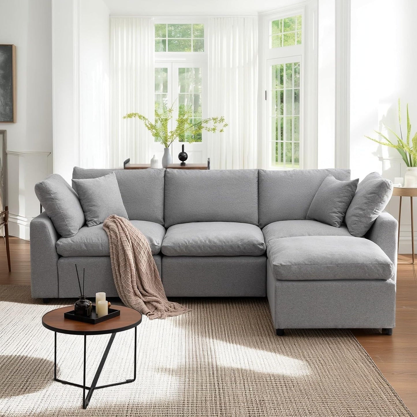104.3 Inch L-Shaped Modular Sectional Sofa with Reversible Chaise and Pillows, Down Filled Upholstered Convertible Corner Couch for Living Room, Bedroom, Office, Apartment, Light Gray