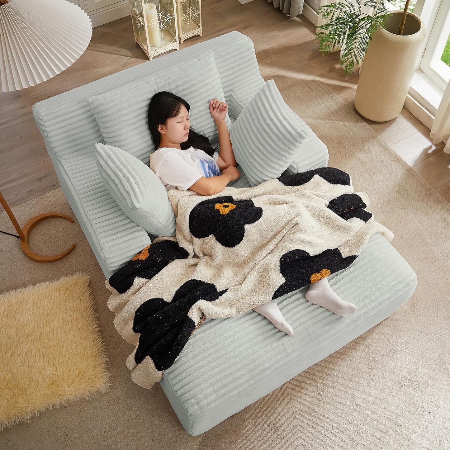 Oversized Chaise Daybed Lounge Sleeper Chair Sofa Full Foam Cloud Chaise Sofabed for Living Room,Luxury Plush Corduroy Upholstered Sleeper Couch Extra Wide Chair Bed W/3 Pillows for Home/Apartment