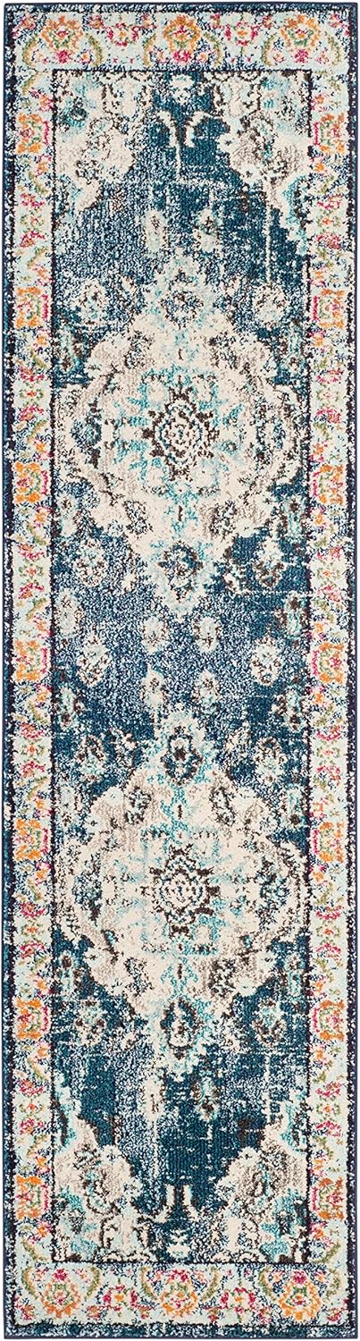 SAFAVIEH Monaco Collection Runner Rug - 2'2" x 16', Navy & Light Blue, Boho Chic Medallion Distressed Design, Non-Shedding & Easy Care, Ideal for High Traffic Areas in Living Room, Bedroom (MNC243N)