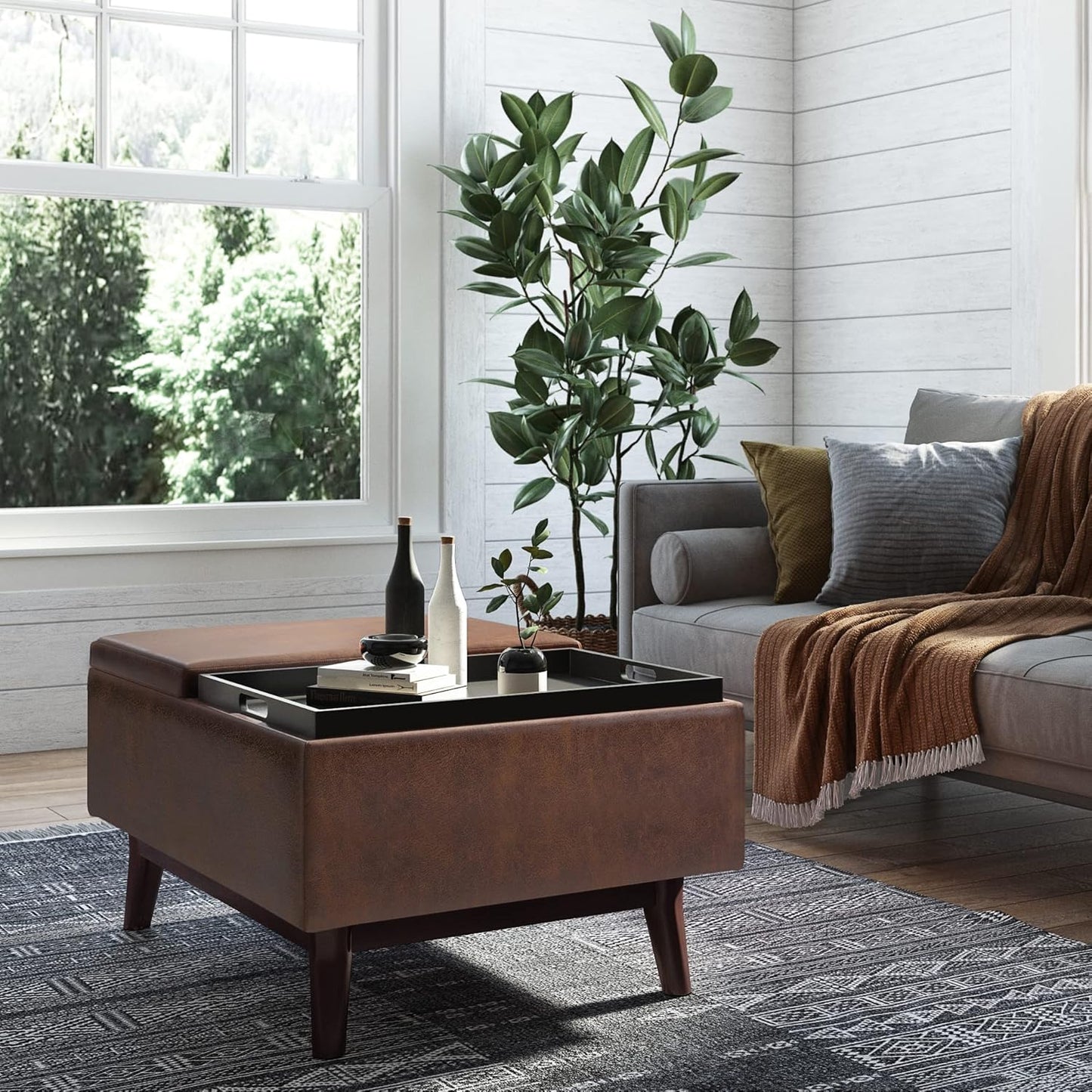 SIMPLIHOME Owen 34 inch Wide Mid Century Modern Rectangle Coffee Table Storage Ottoman Distressed Chestnut Brown/Flip Over Tray top