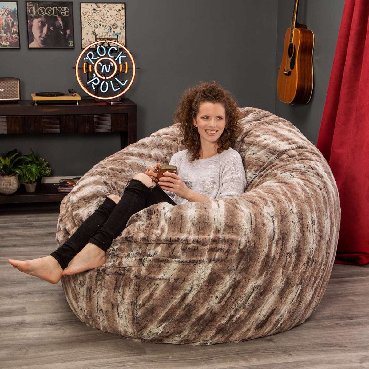 Jaxx 6 Foot Cocoon - 2-in-1 Convertible Bean Bag Bed & Large Bean Bag Chair for Adults, Premium Luxe Faux Fur - Mountain Fox