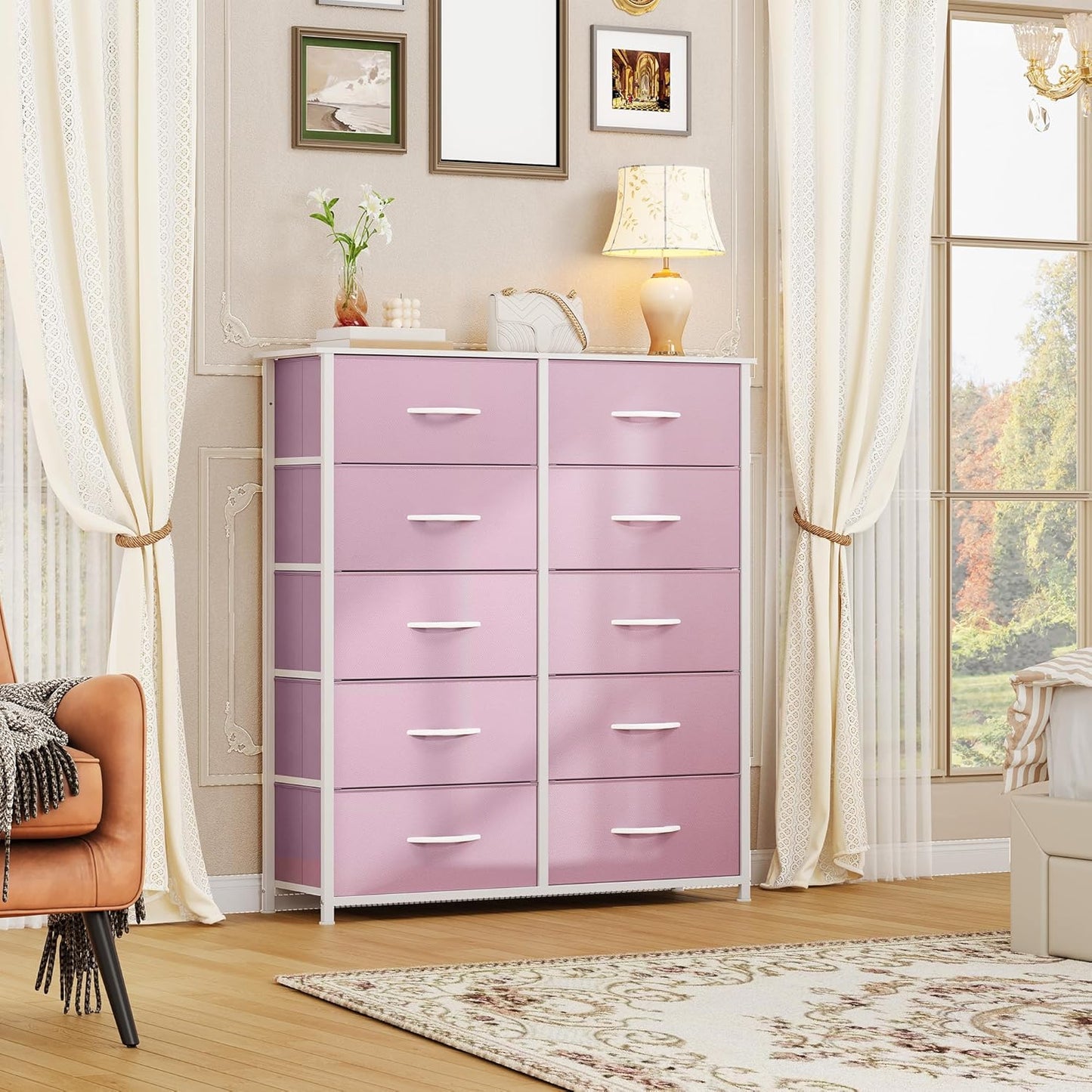 DWVO 10 Drawer Dresser - Fabric Storage Tower, Tall Chest Organizer Unit, Living Room, Hallway, Closets - Sturdy Steel Frame, Wooden Top & Easy Pull Fabric Bins, Pink