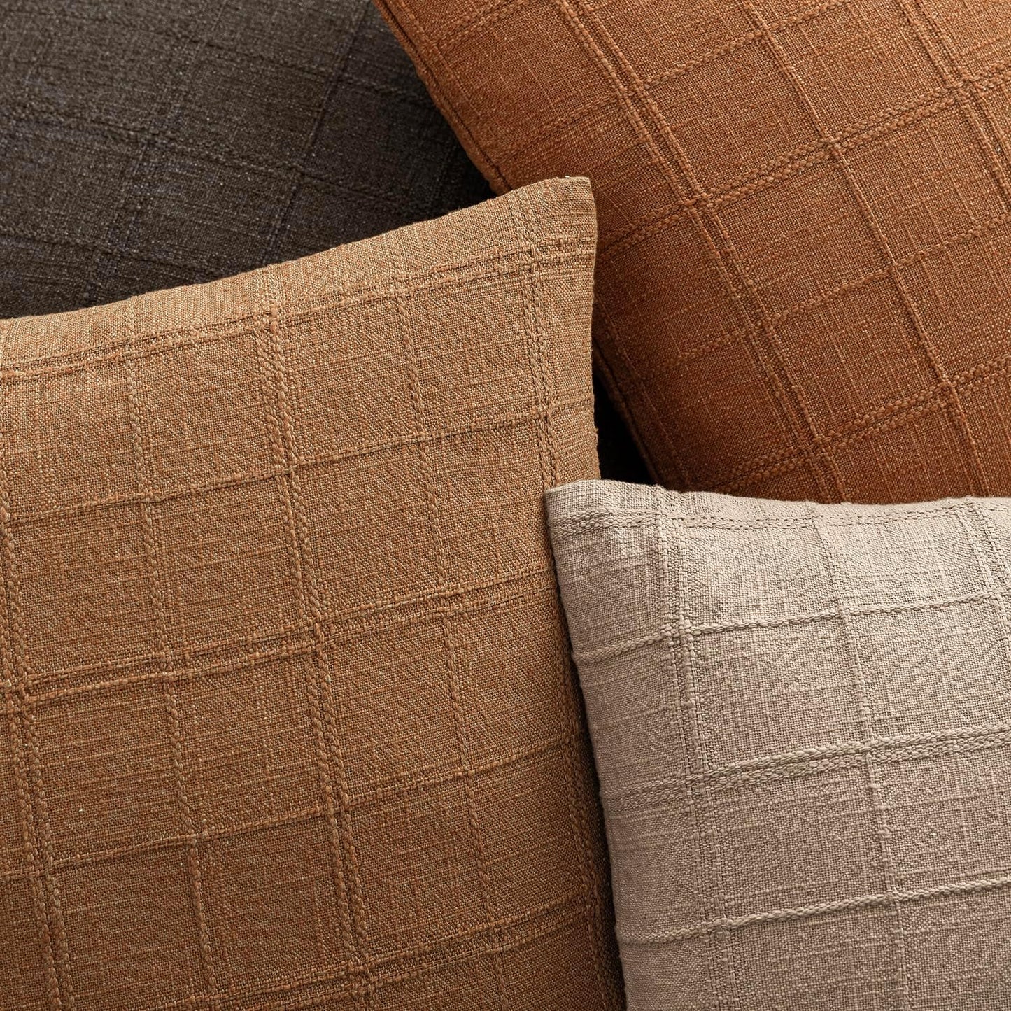 Foindtower Set of 2 Decorative Linen Check Throw Pillow Covers Neutral Farmhouse Vintage Cushion Covers Modern Boho Home Decor for Sofa Chair Couch Bedroom Living Room Outdoor,16×16 Inch,Brick