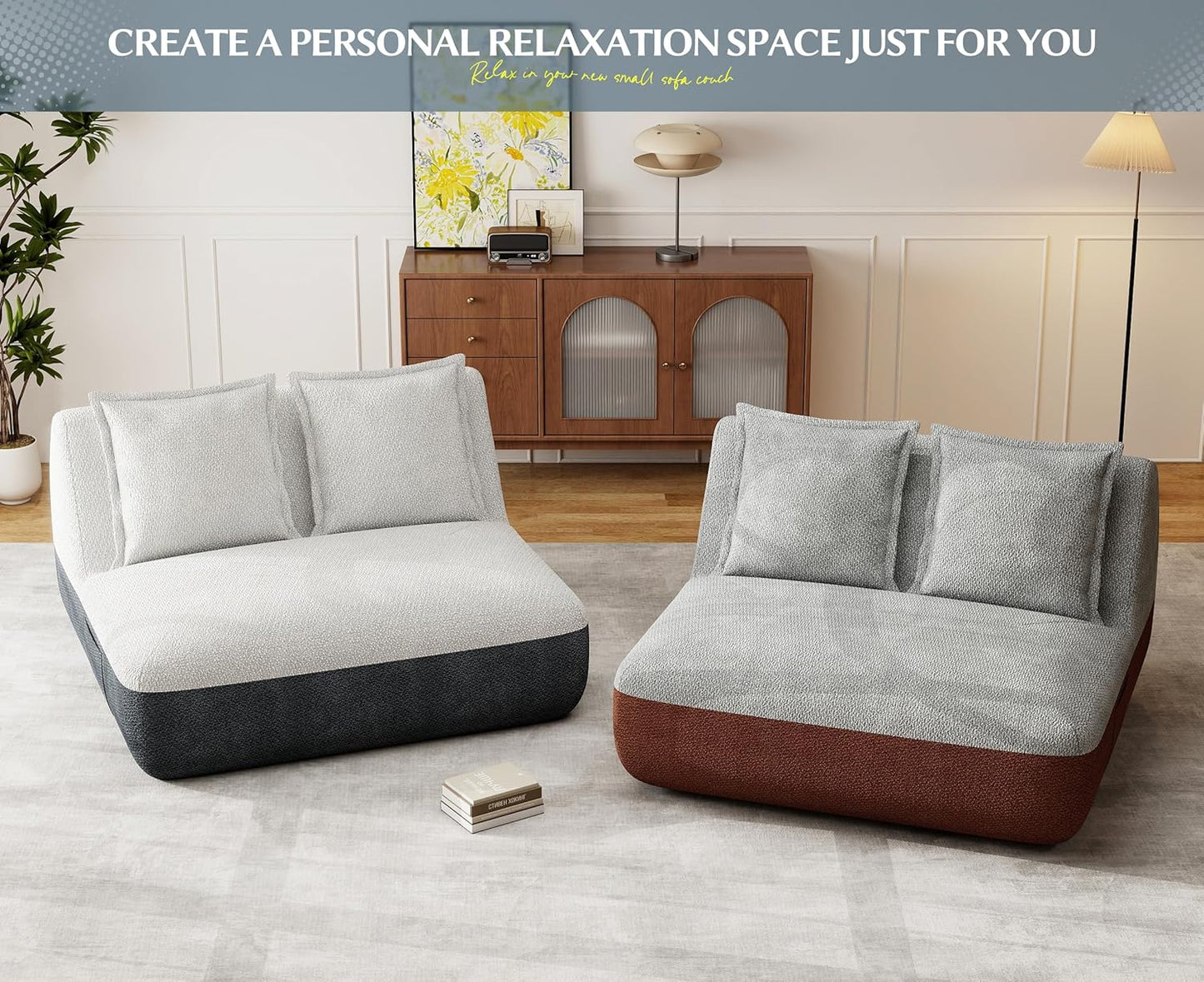 Hobestluk Small Sofa Couch Lounge Sofa Chair for Living Room, Comfy Memory Foam Couch, Mini Sofa with Side Pocket for Living Room, Bedroom (Grey+Beige)