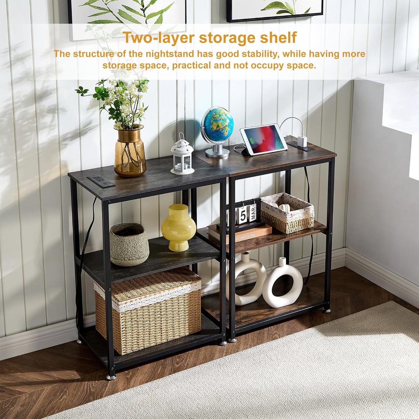 VECELO Tall End Table with Charging Station, Side Table with USB Ports and Outlets, 30" Height Nightstand with 3-Tier Storage Shelf for Living Room Bedroom Office Hallway Study