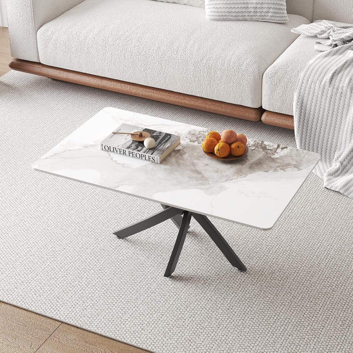 White Marble Coffee Table with Metal Legs, Rectangle Modern Sintered Stone Living Room Table for Home Office Living Room (40” x 20” x 17”)