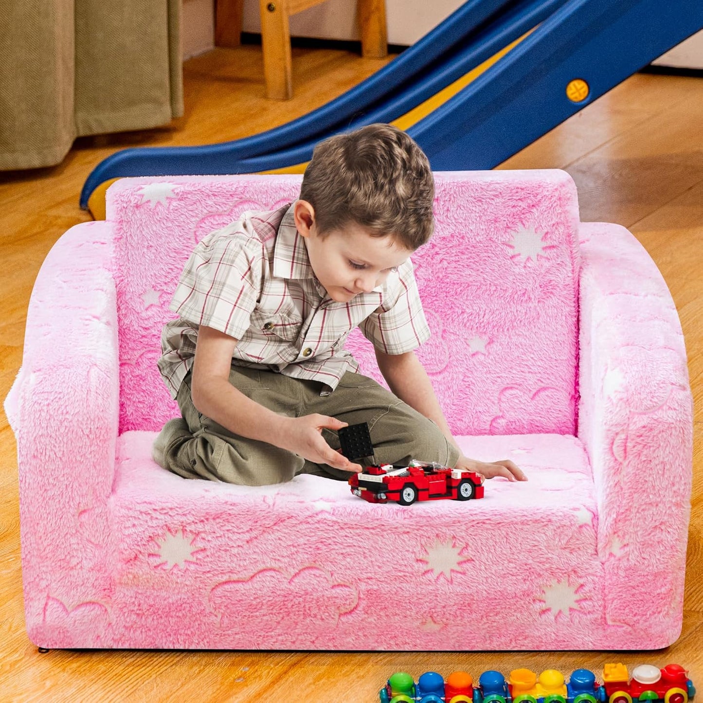 Lamerge 2-in-1 Soft Toddler Couch Fold Out,Foldable Toddler Chair, Glow in The Dark Kids Sofa for playroom,Convertible Foam and Floor Cushion for Boys and Girls (Pink and Clouds)