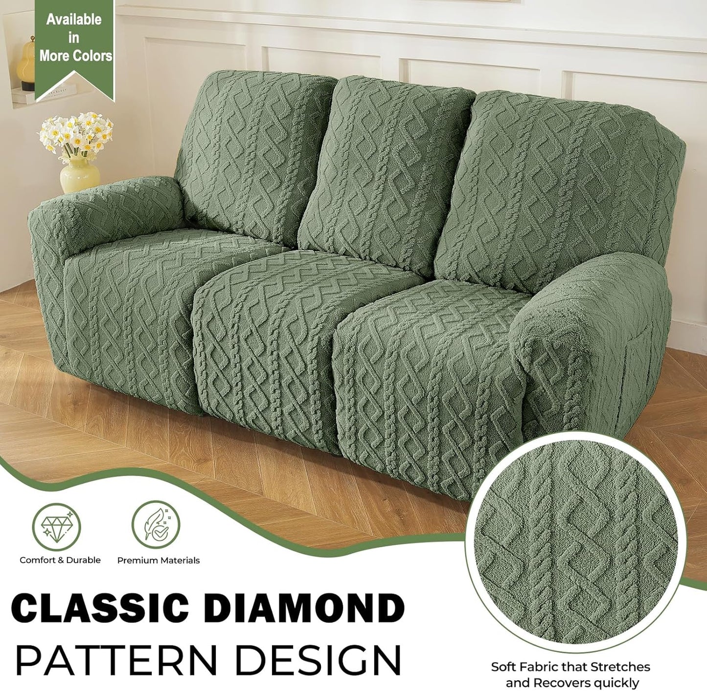 vctops 8 Pieces Geometric Jacquard Plush Recliner Sofa Covers Soft Fuzzy Fluffy 3 Seats Couch Cover Anti-Slip Sofa Slipcover Furniture Protector with Elastic Bottom for Kids Pet(Green,3 Seat)