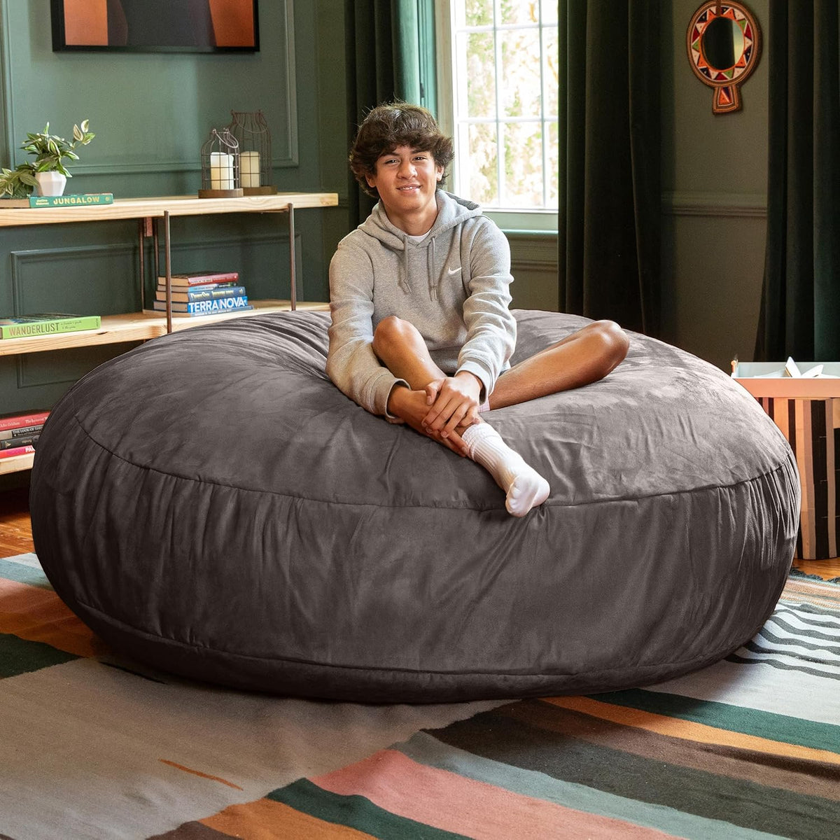 Jaxx 6 Foot Cocoon - 2-in-1 Convertible Bean Bag Bed & Large Bean Bag Chair for Adults, Charcoal