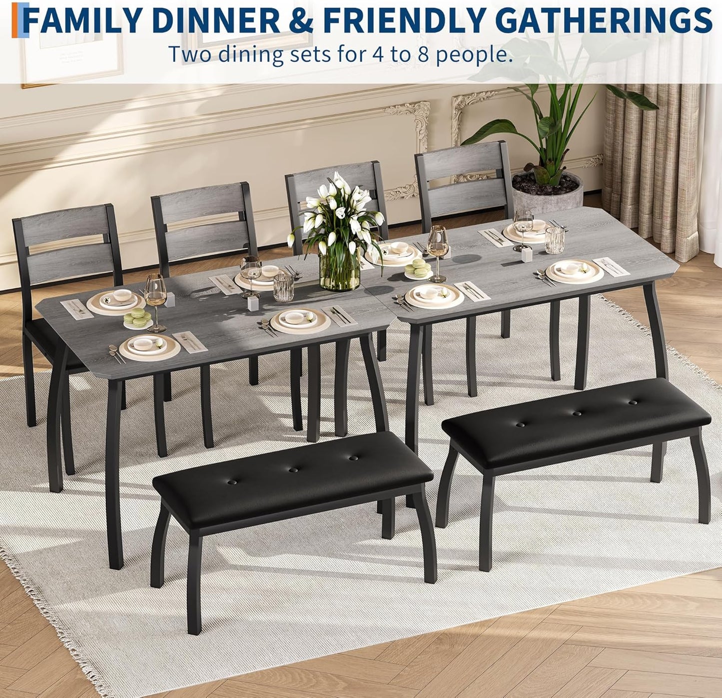 Dining Table Set for 4, Wooden Kitchen Table with Upholstered Bench & 2 Cushion Chairs, Space-Saving Dinette Set for Studio, Kitchen, Dining Room, Apartment(43''x28''x30''), Gray