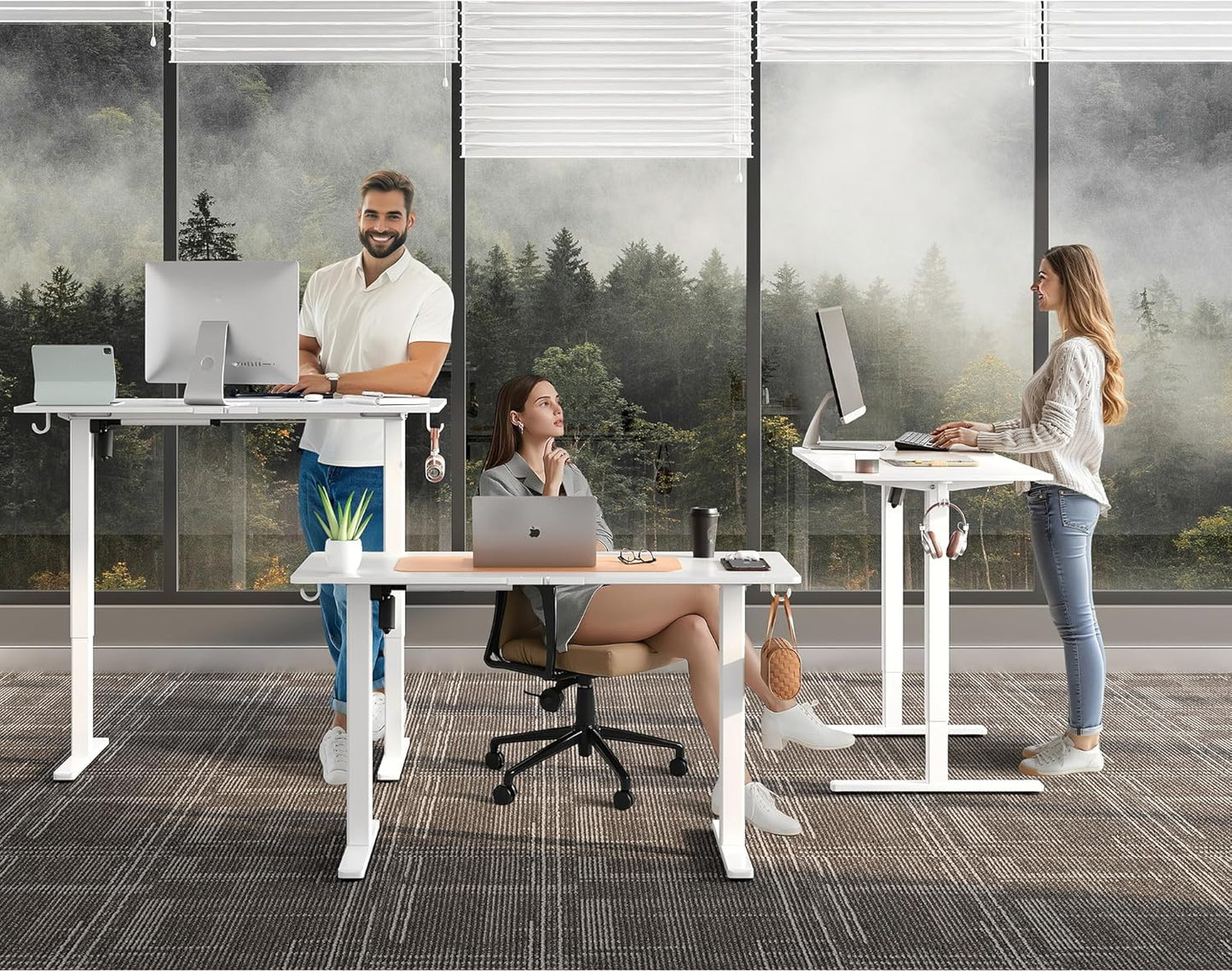 Electric Standing Desk Adjustable Height 55"x24" Stand Up Desk with Lockable Wheels Ergonomic Sit Stand Desk for for Work Office Home Computer Workstation (White)