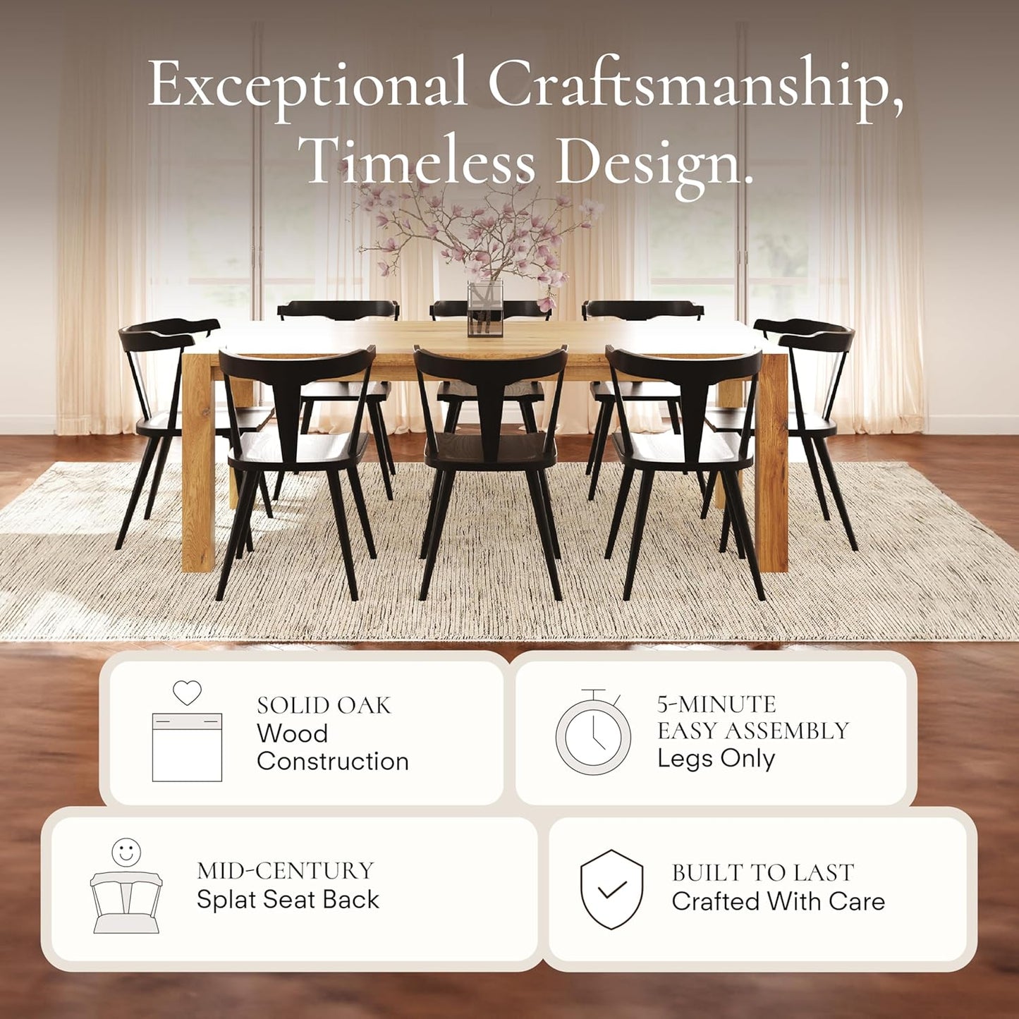 POLY & BARK Mid Century Modern Enzo Black Dining Chair – Solid Oak Wood Splat Back Chair, 18" Seat Height, 32" Tall – Stylish MCM Kitchen & Dining Room Chair - Set of 4