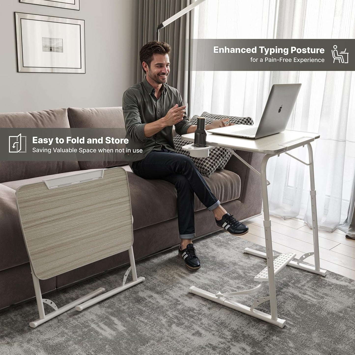 FoldWise Upgraded Folding TV Tray Table - Extra Large & Sturdy Laptop Table for Couch, Height & Angle Adjustable Desk for Dinner, Work & TV - Includes Footrest, Cup Holder, iPad Holder & Edge Stopper