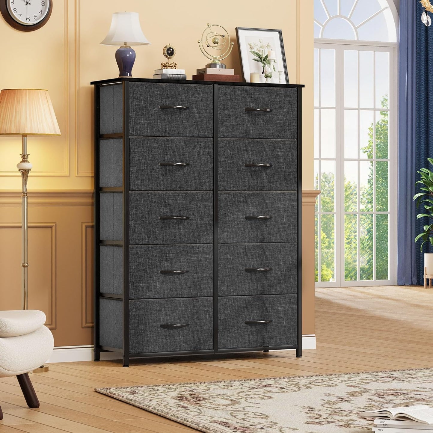 DWVO 10 Drawer Dresser - Fabric Storage Tower, Organizer Unit for Bedroom, Living Room, Hallway, Closets - Sturdy Steel Frame, Wooden Top & Easy Pull Fabric Bins