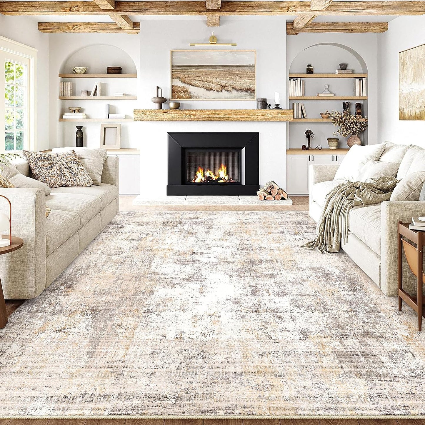 8x10 Washable Area Rug Beige Grey Neutral Abstract Living Room Bedroom Large Throw Rug Non Slip Soft Low Pile Indoor Floor Carpet for Dining Room Kitchen Office Entryway