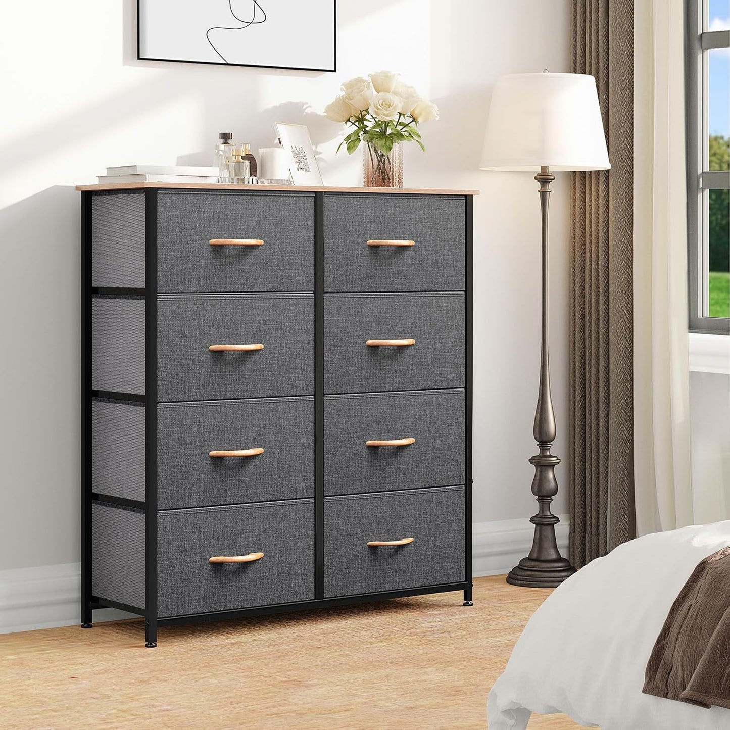 DWVO Dresser for Bedroom, Fabric Dresser with 8 Drawers, Tall Double Drawer Chest of Drawers for Closet, Living Room, Sturdy Steel Frame, Wooden Top, Easy Pull Handle