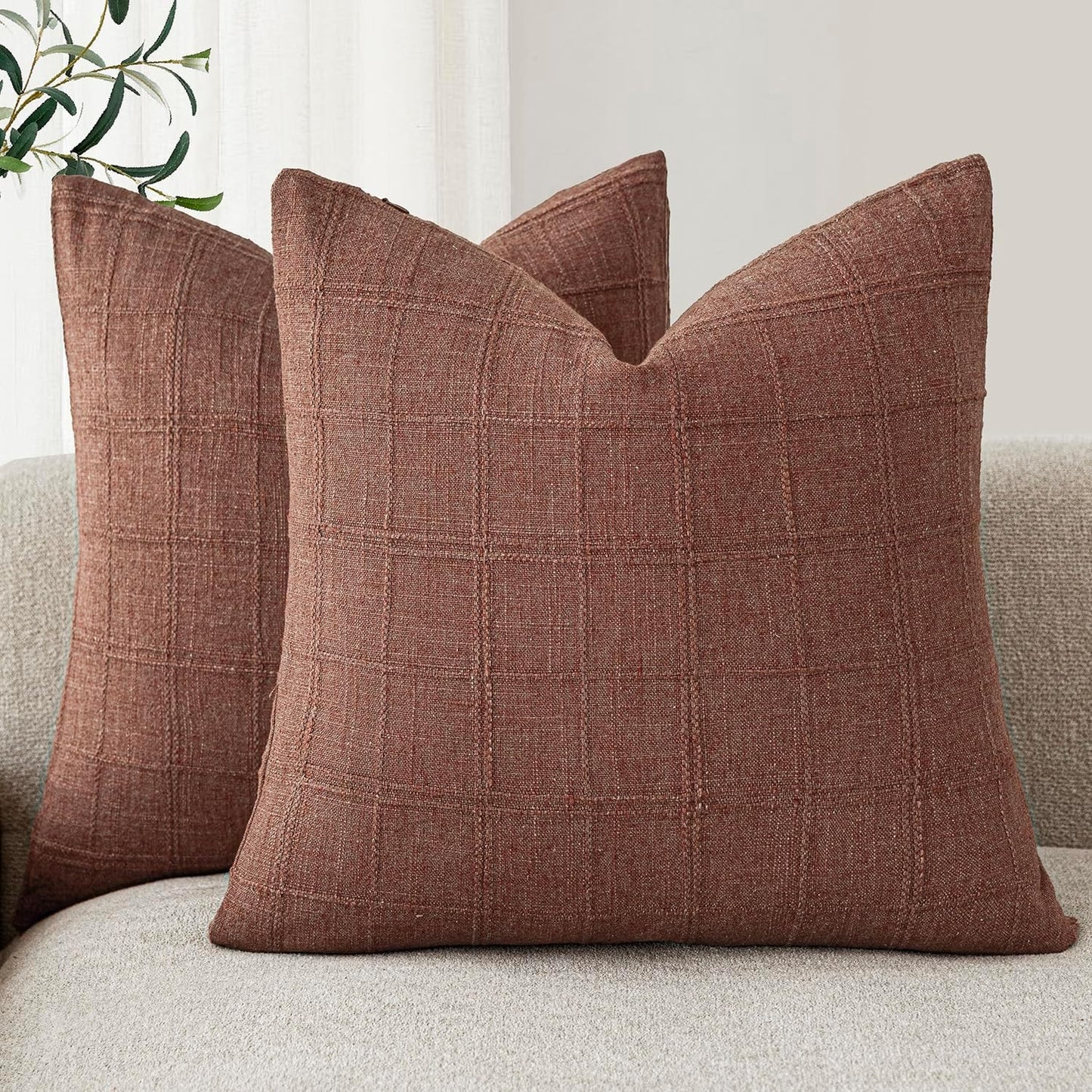 Foindtower Set of 2 Decorative Linen Check Throw Pillow Covers Neutral Farmhouse Vintage Cushion Covers Modern Boho Home Decor for Sofa Chair Couch Bedroom Living Room Outdoor,24×24 Inch,Autumnal Red
