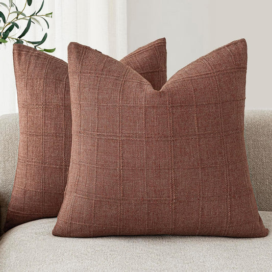 Foindtower Set of 2 Decorative Linen Check Throw Pillow Covers Neutral Farmhouse Vintage Cushion Covers Modern Boho Home Decor for Sofa Chair Couch Bedroom Living Room Outdoor,22×22 Inch,Autumnal Red