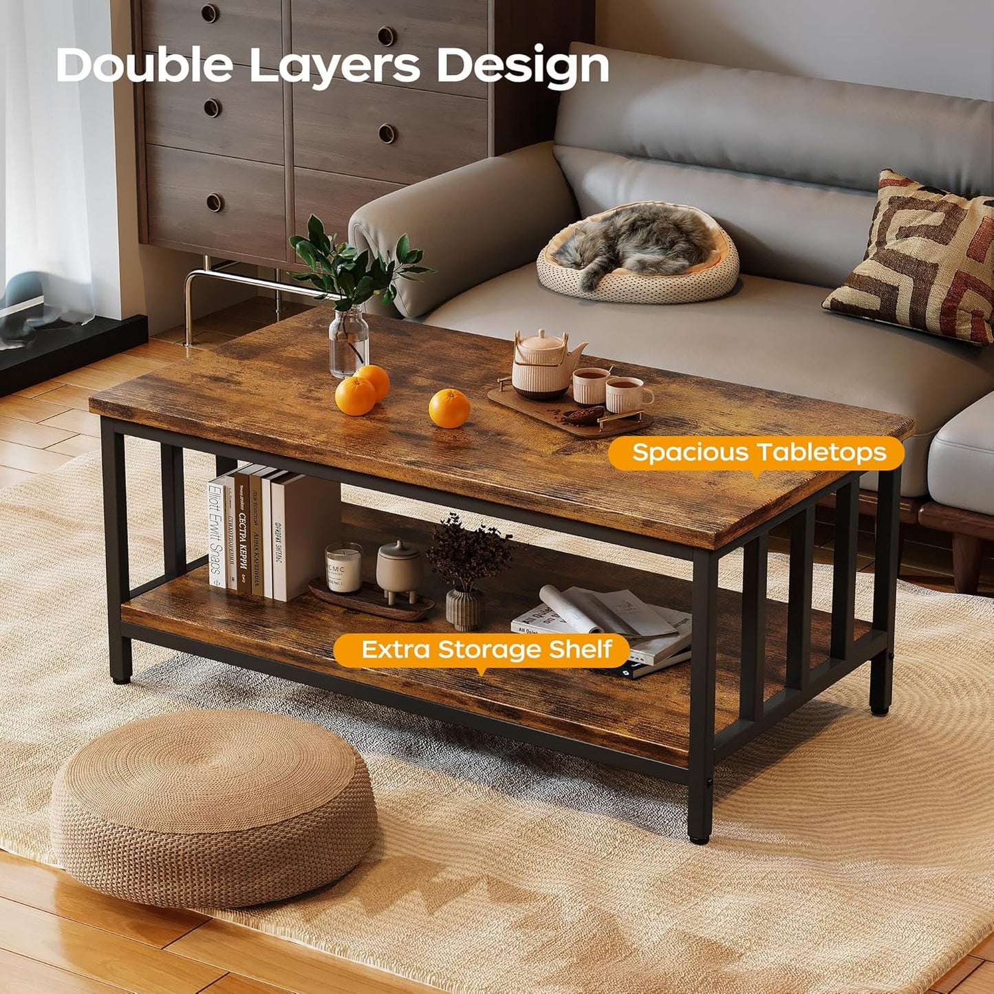 Homeiju Coffee Table for Living Room, Farmhouse Living Room Table with Slatted Sides Frame for Home Office, Apartment, 39 inch Rustic Black and Brown