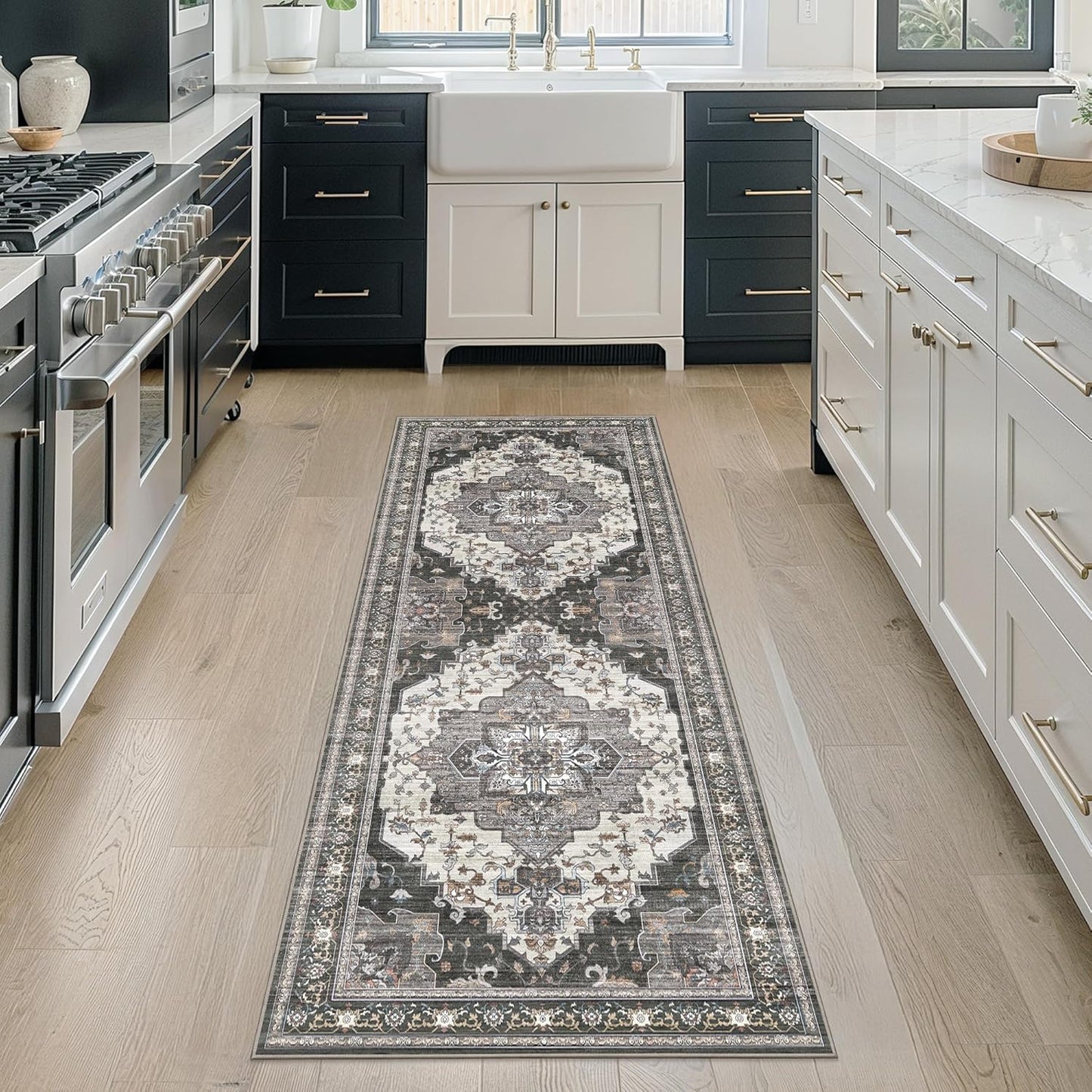 GENIMO 2X5 Hallway Runner Rug, Machine Washable Non Slip Vintage Floral Patchwork Runners, Thin Low Pile Chenille Carpet Runners for Entryway, Kitchen, Bathroom, Bedroom, Slate Gray