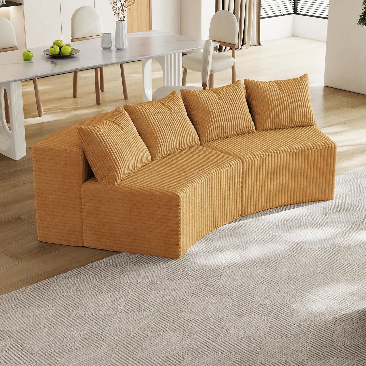 KEIKI Corduroy Curved Sectional Sofa, 2 Seater Symmetrical Modular Semi Circular Couch, Deep Seat Tufted Corner Sofa for Living Room, Lobby, Yellow