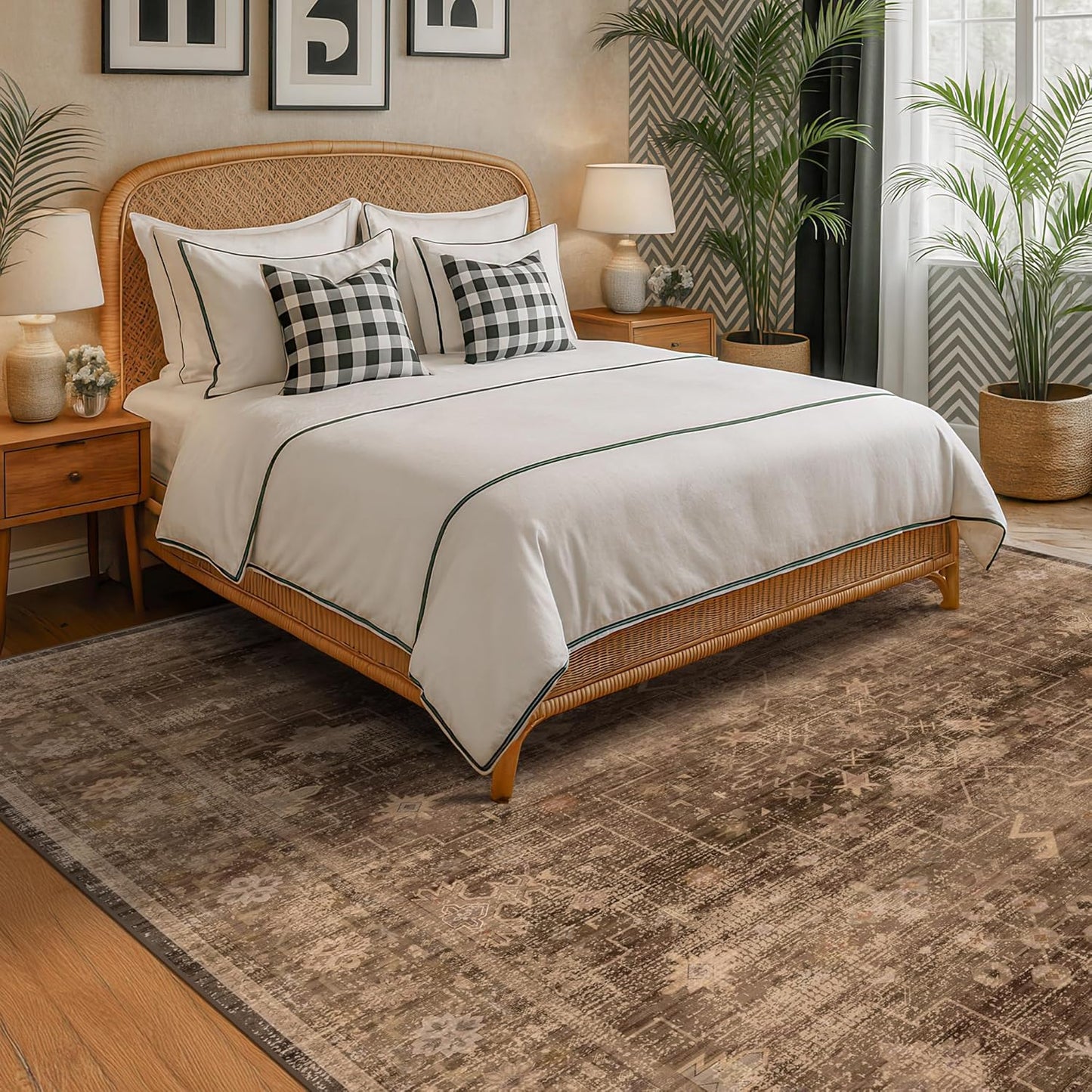 Brown 9x12 Living Room Rug - Vintage Western Eclectic Unique Neutral Taupe, Washable Low Pile Non-Slip Large Area Rugs for Dining Under Table Bedroom Under Bed