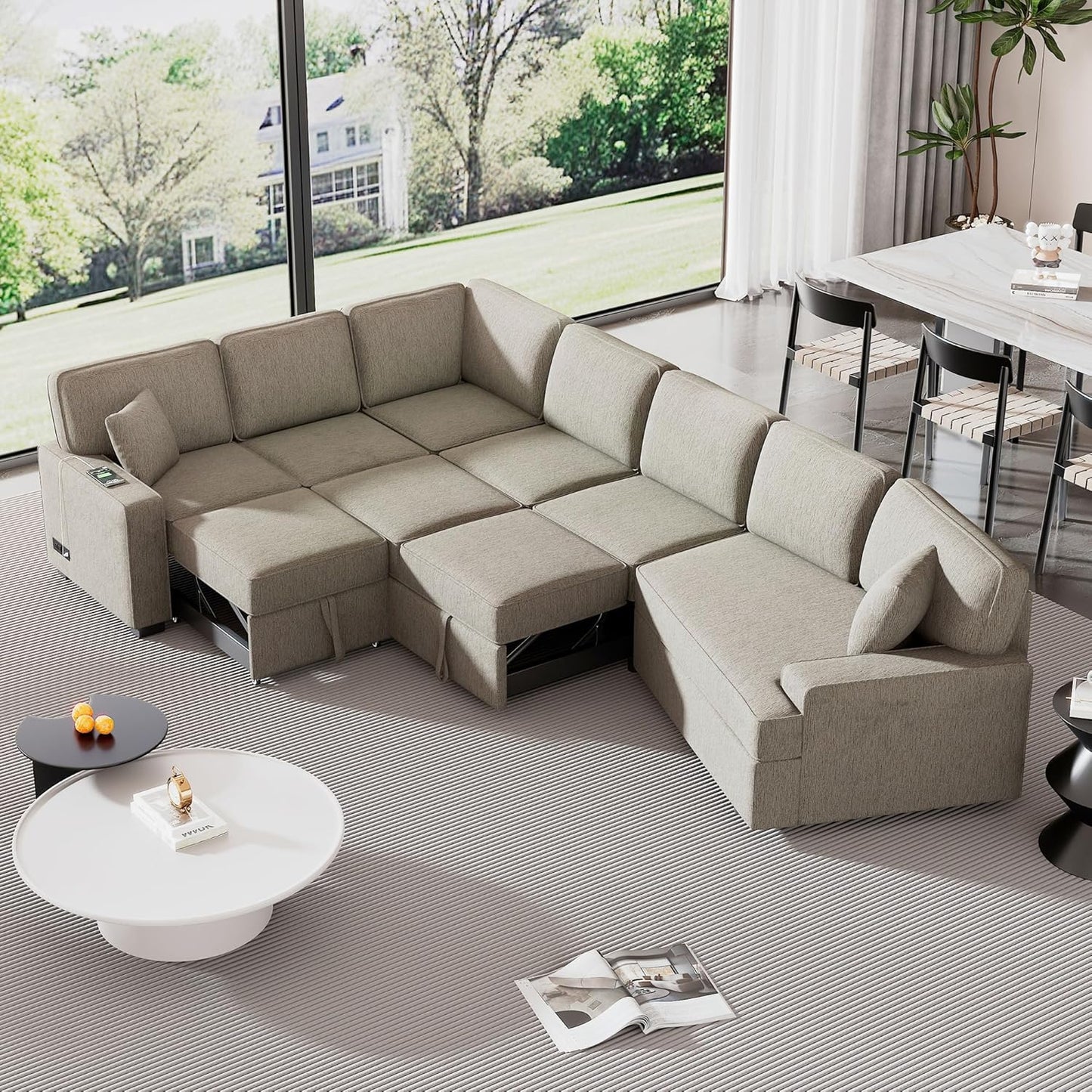 126" Extra Large Pull-Out Sofa Bed with Drop-Down Cup Holder Tables,L-Shaped Sectional Cozy Couch W/Charging Device,Convenient Sleeper Furniture Set for LivingRoom Apartment,Black Chenille