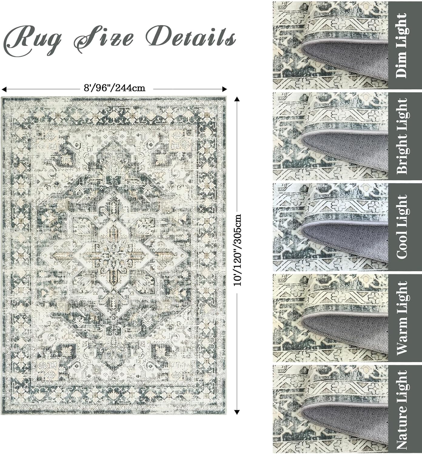 zesthome 8x10 Area Rugs-Washable Rug for Living Room, Non-Slip Backing Rugs, Stain Resistant 8x10 Rug for Bedroom, Ultra-Thin Low Pile Rugs, Vintage Large Home Decor