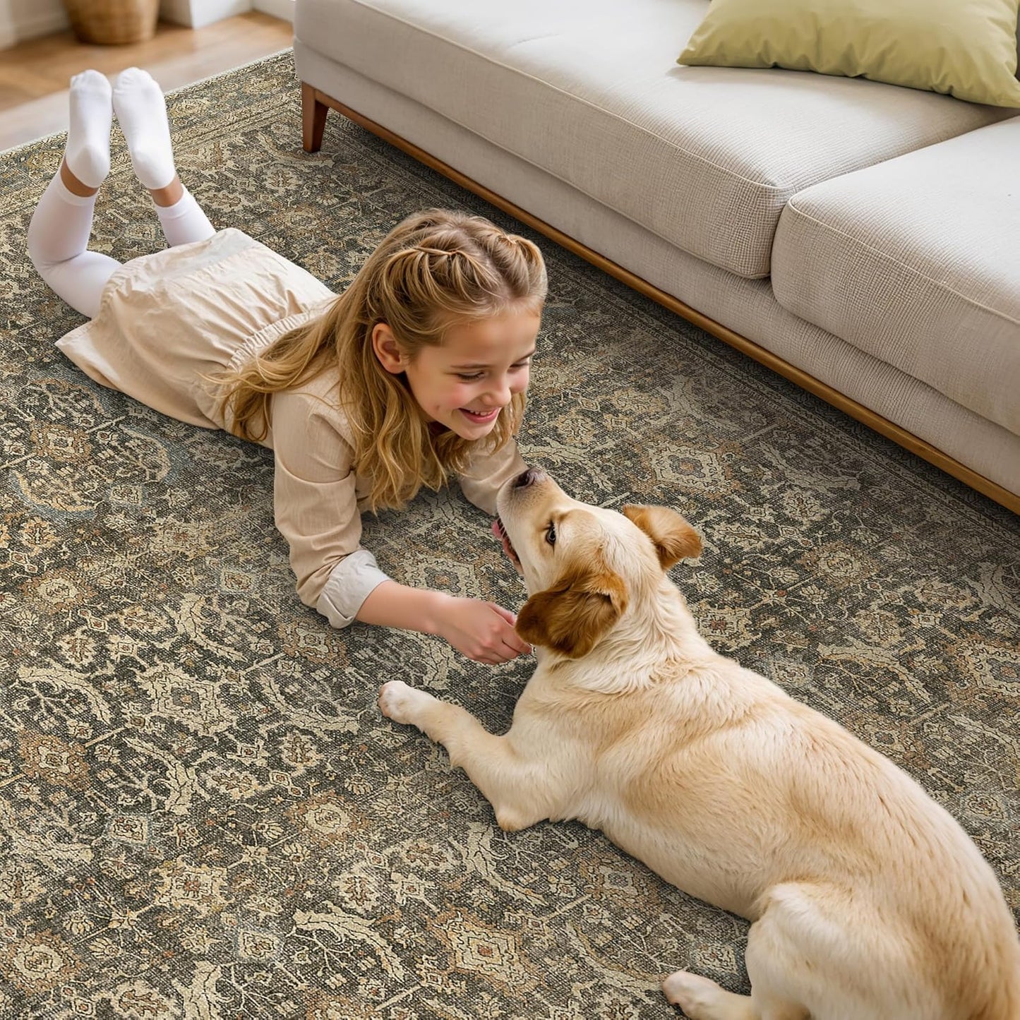 8X10 Area Rugs Machine Washable Rugs for Living Room, Vintage Boho Large Rugs for Bedroom Dining Room, Non Slip Indoor Soft Distressed Lightweight Thin Low Pile Carpet, Brown