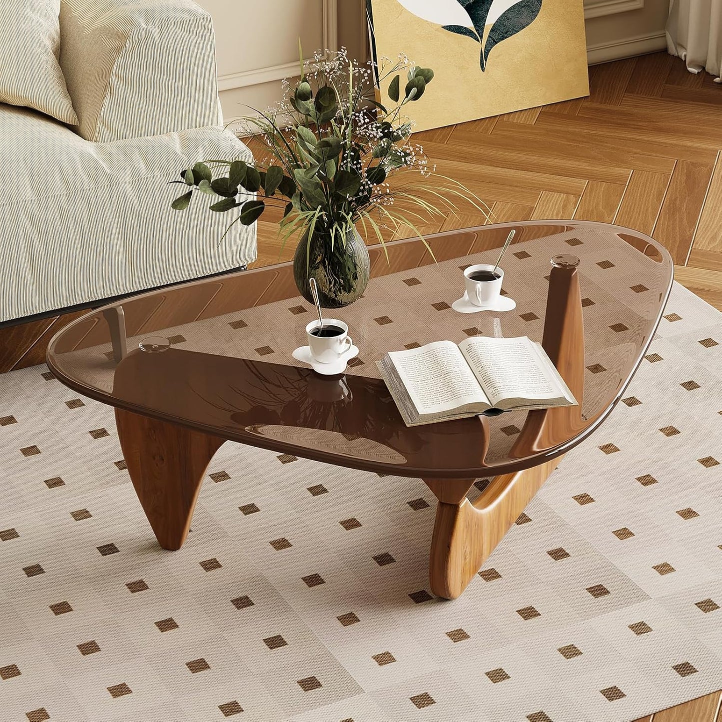 Glass Coffee Table for Living Room Mid Century Modern Triangle Center Table with Wooden Base, Brown/Walnut