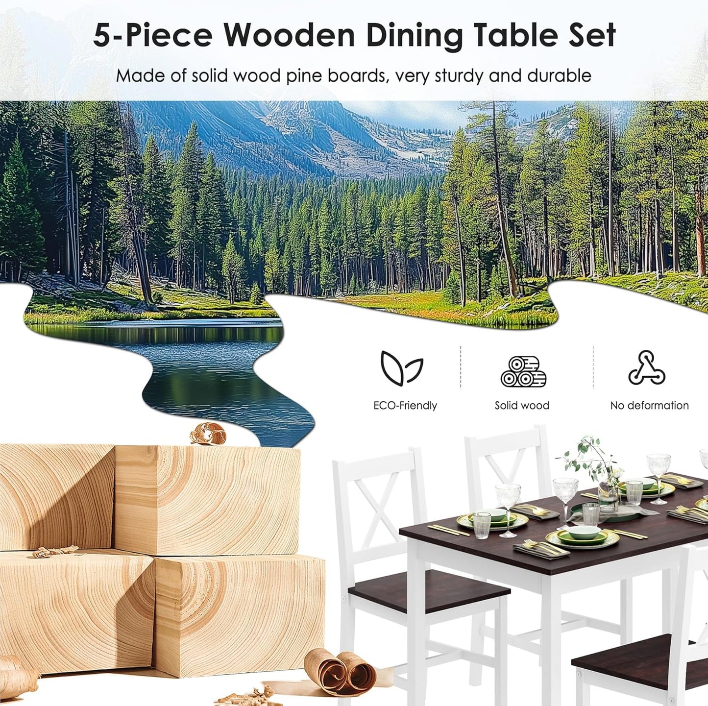 Sogesfurniture Dining Table Set for 4, 42.5" Pine Wood & Walnut Vintage Style, 5 Pieces, Space Saving, Easy Assembly