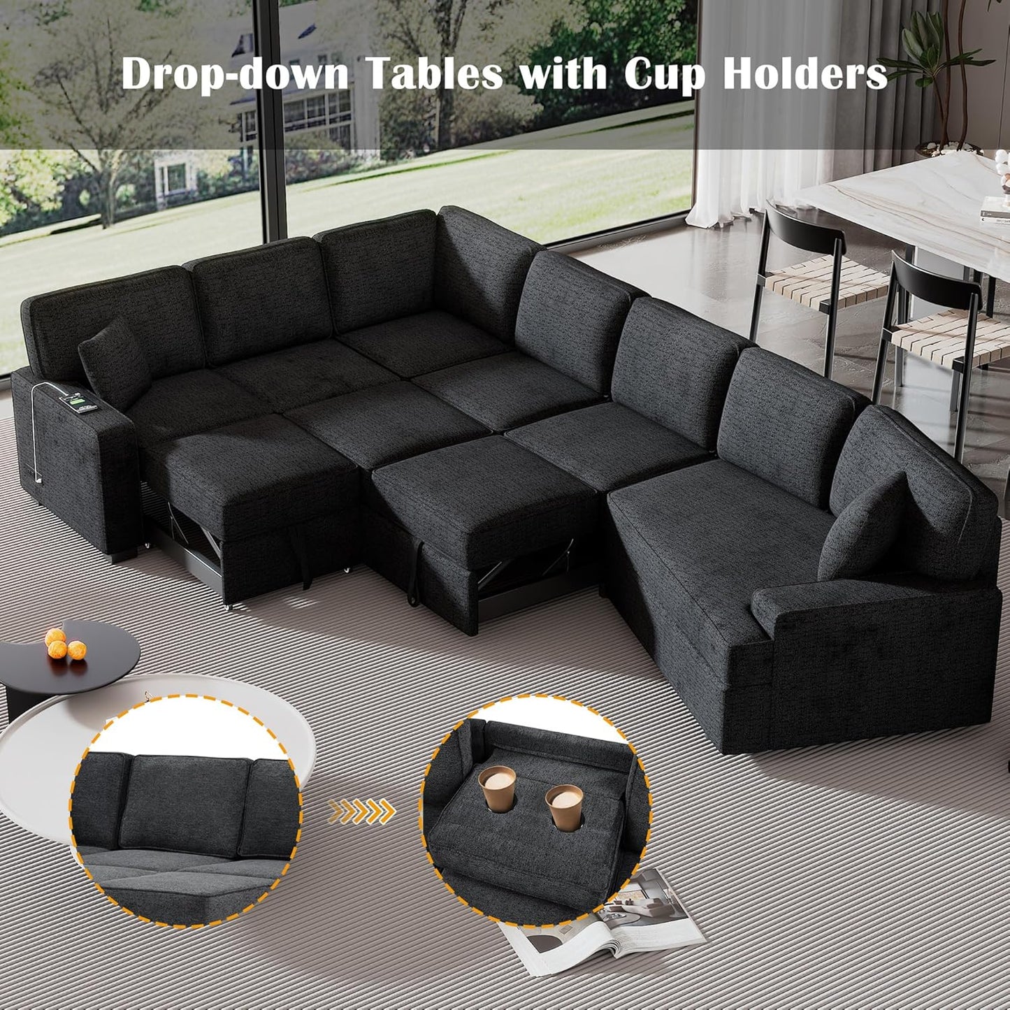 126" Extra Large Pull-Out Sofa Bed with Drop-Down Cup Holder Tables,L-Shaped Sectional Couch W/Charging Device,Convenient Sleeper Furniture Set for LivingRoom Apartment,Beige Chenille