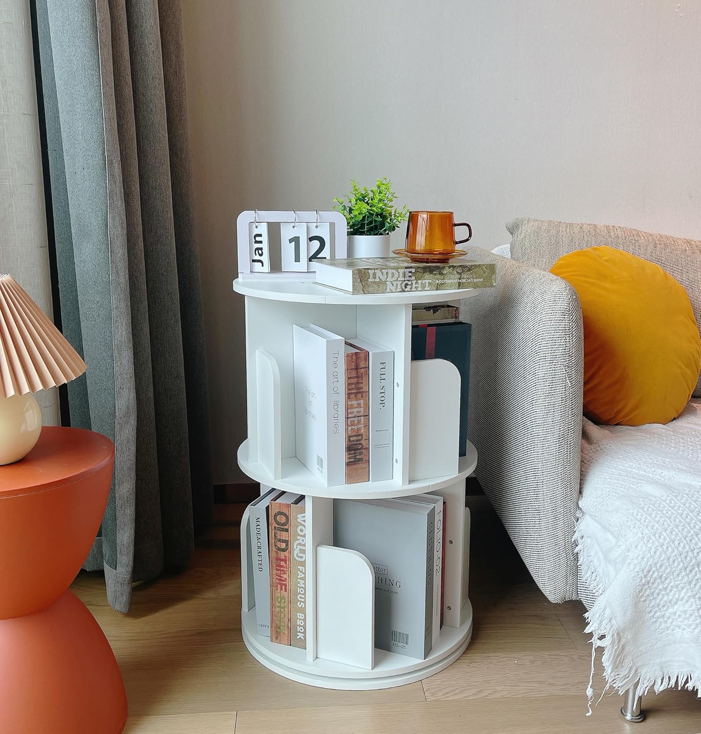 Heehee Wooden Rotating Bookshelf 360 Display Floor Standing Bookcase Storage Rack for Kids&Adults Multi-Functional Bookshelf Organizer (White (2-Tier))