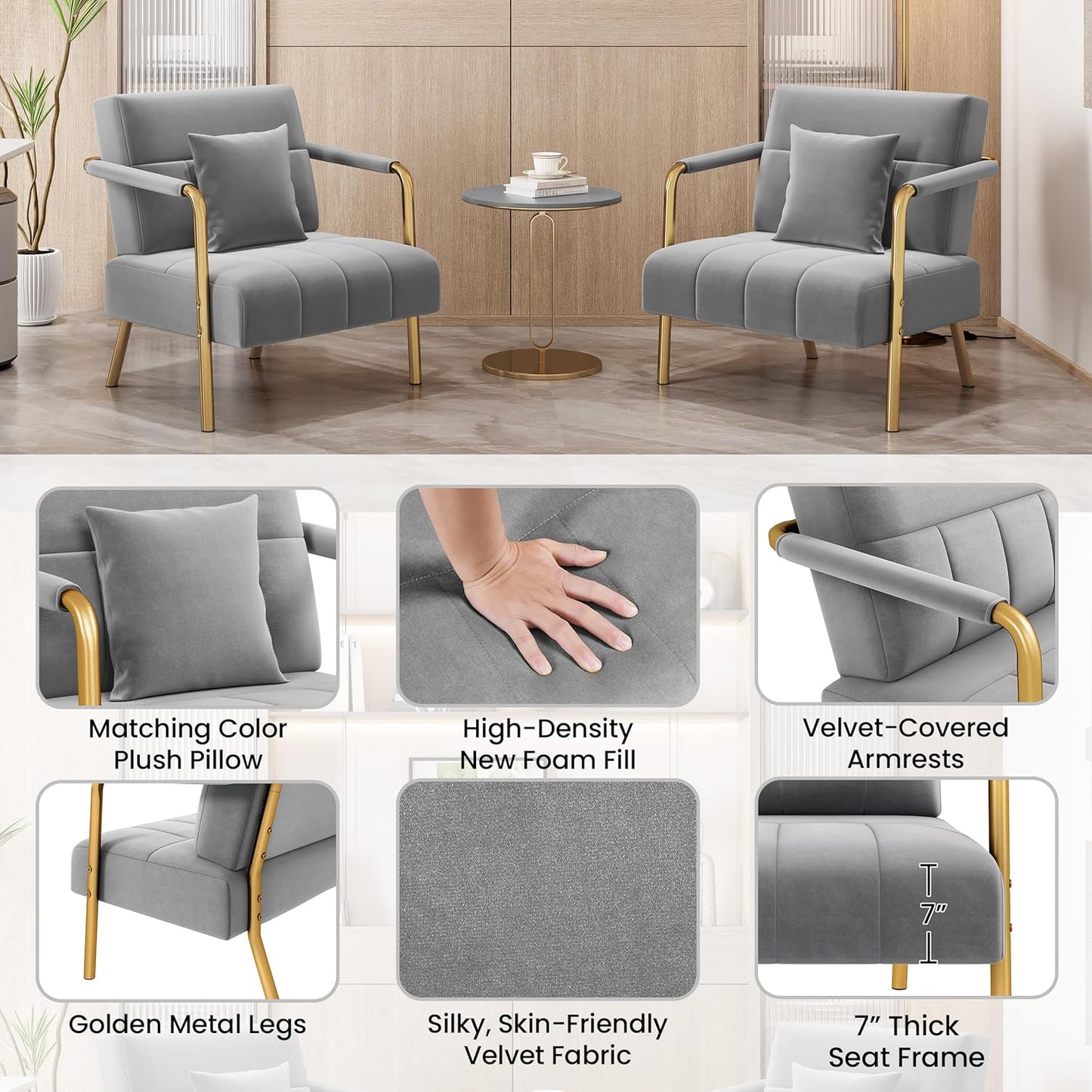 Yaheetech 30" W Modern Sofa Small Sofa Luxurious Velvet Fabric Couch with Gold-Tone Metal Arms and Legs for Living Room, Home Office, Studio Light Gray