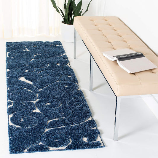 SAFAVIEH Florida Shag Collection Runner Rug - 2'3" x 15', Dark Blue & Cream, Scroll Design, Non-Shedding & Easy Care, 1.2-inch Thick Ideal for High Traffic Areas in Living Room, Bedroom (SG455-6511)