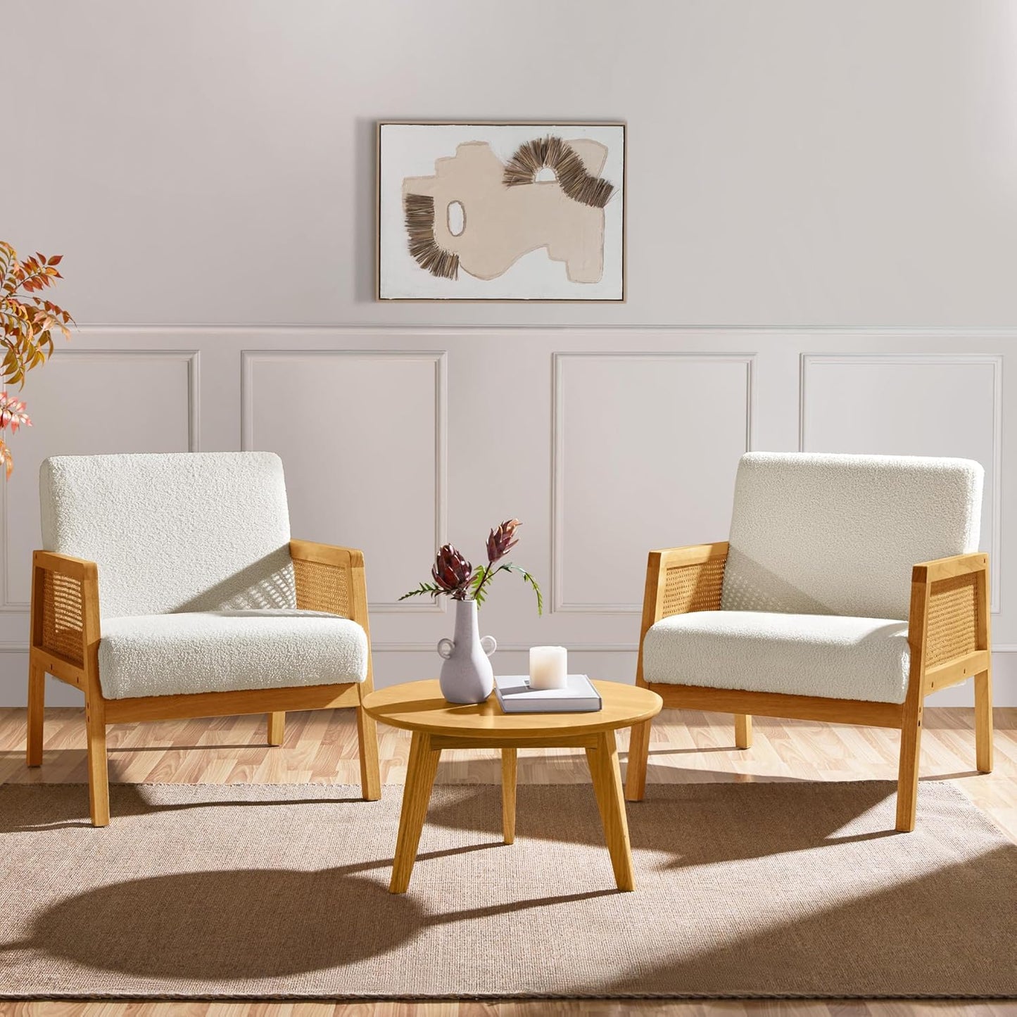 Yaheetech Boucle Fabric Accent Chair, Vintage Rattan Vanity Chair with Wood Armrest and Legs for Living Room Bedroom Makeup Room, Ivory, 2 pcs