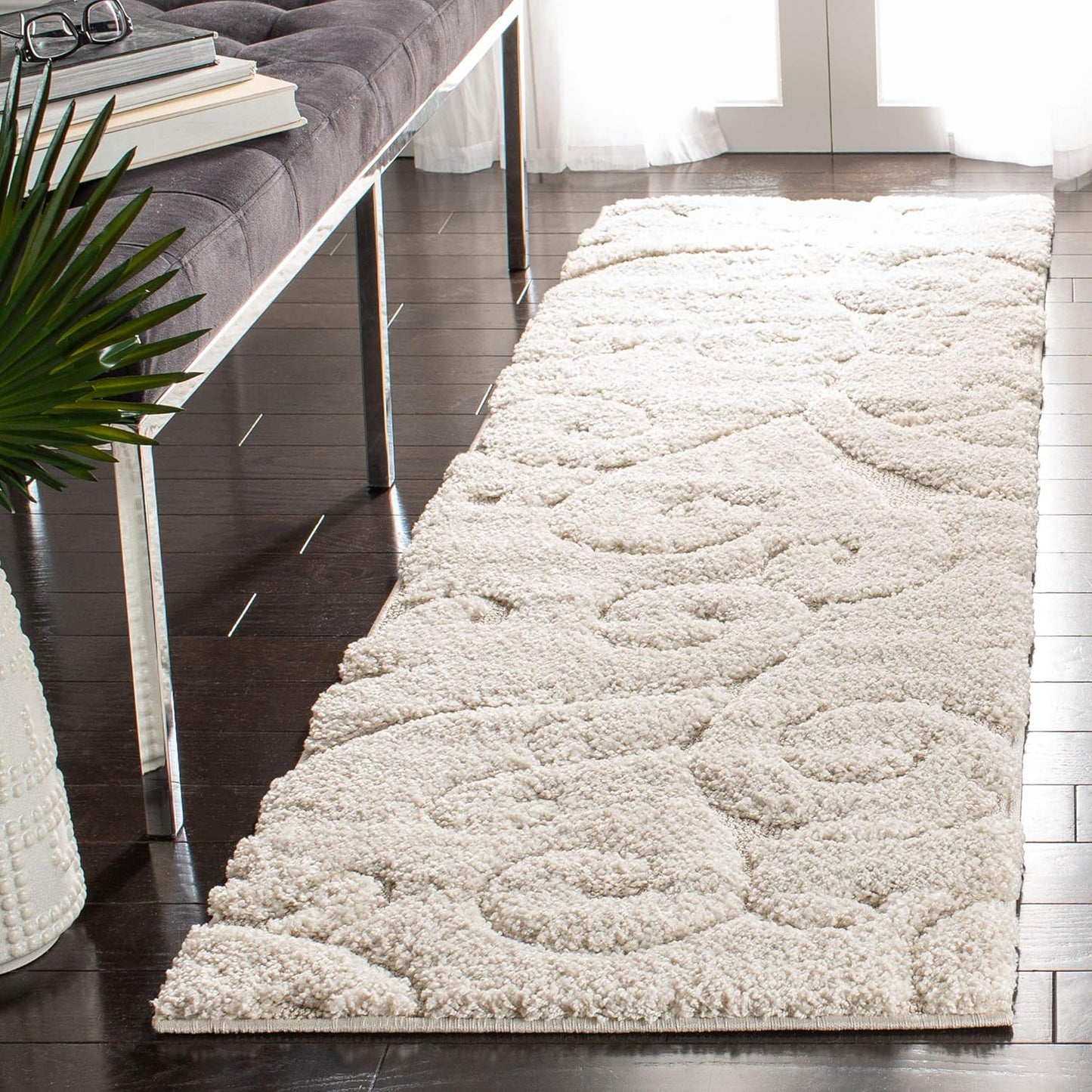 SAFAVIEH Florida Shag Collection Runner Rug - 2'3" x 17', Creme & Creme, Scroll Design, Non-Shedding & Easy Care, 1.2-inch Thick Ideal for High Traffic Areas in Living Room, Bedroom (SG455-1111)