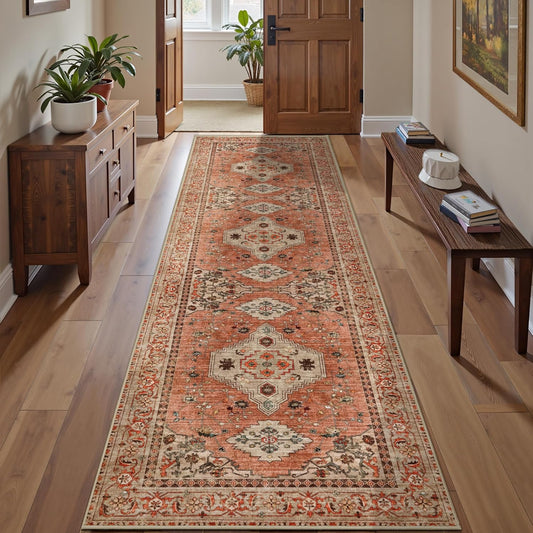 Tangsoo 2.6x8 Washable Runner Rug for Hallways, Non Slip Vintage Runner Rug, Soft Low Pile Long Rug Runner, Print Distressed Terracotta Carpet Runners for Kitchen Bedroom Entryway Bathroom Living Room